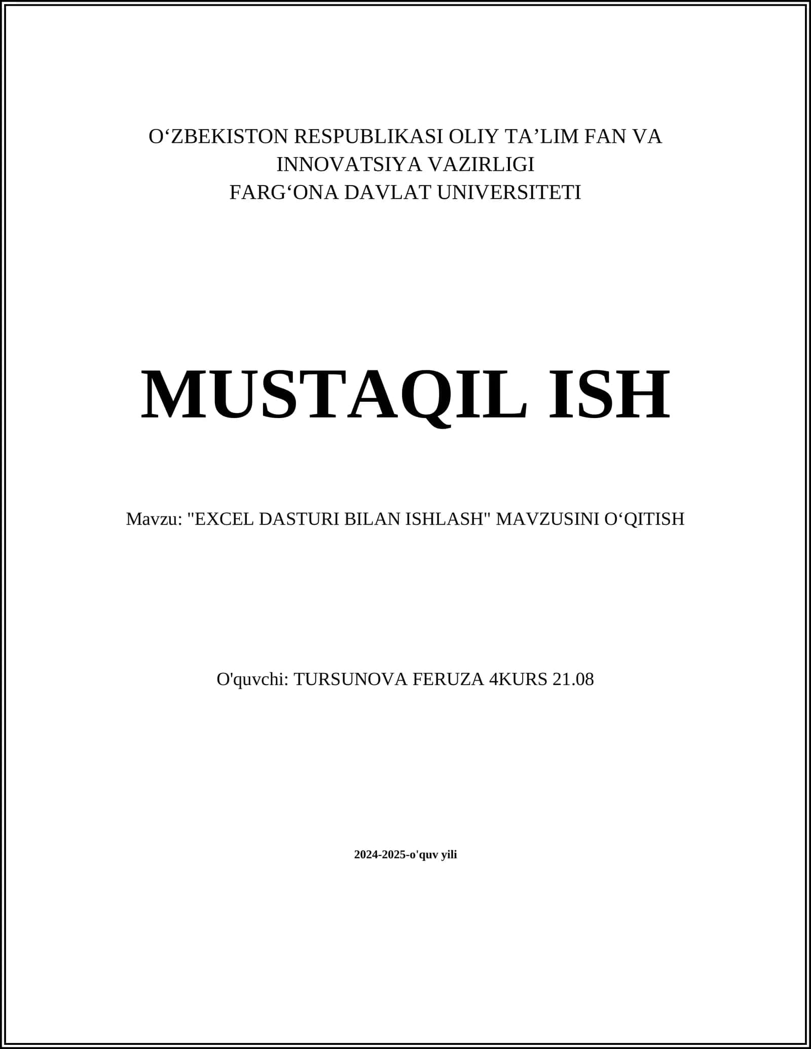 "EXCEL DASTURI BILAN ISHLASH" MAVZUSINI O‘QITISH 1