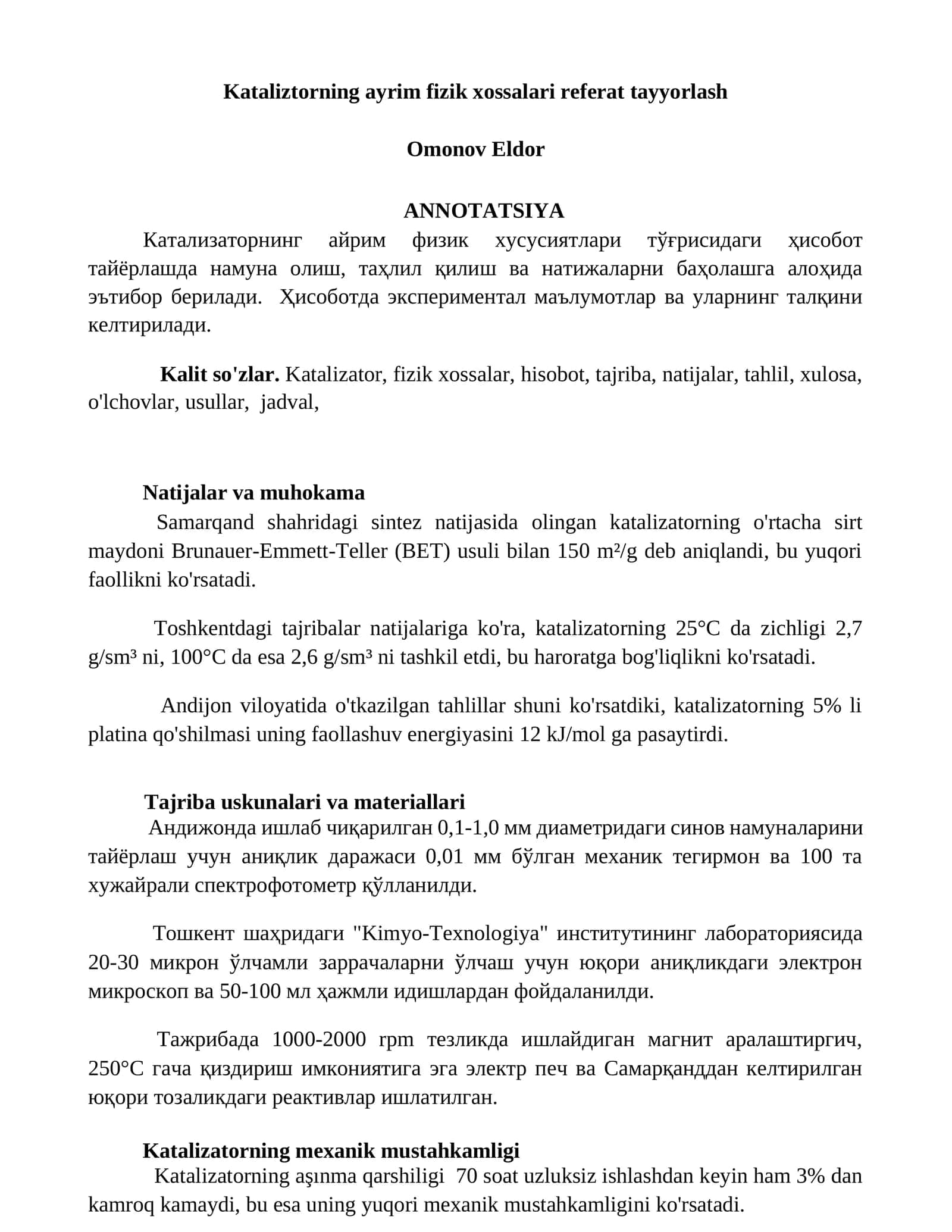 Kataliztorning ayrim fizik xossalari referat tayyorlash 1