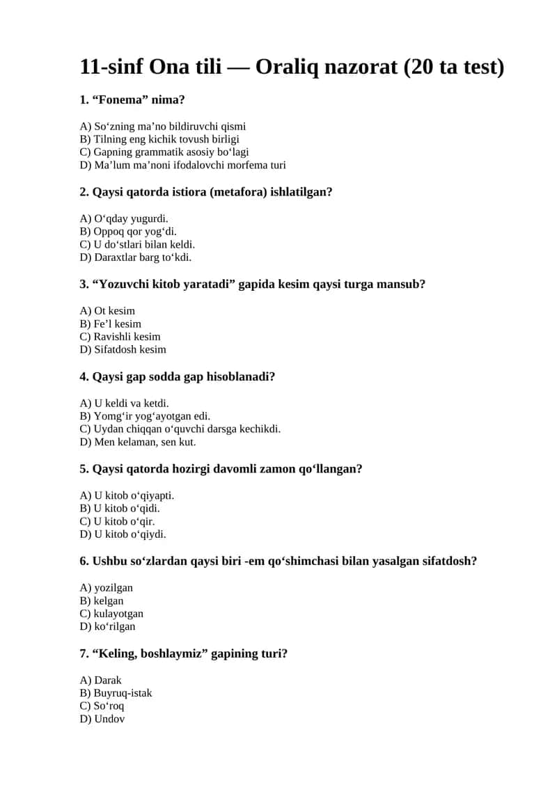 11-sinf Ona tili — Oraliq nazorat (20 ta test) 1
