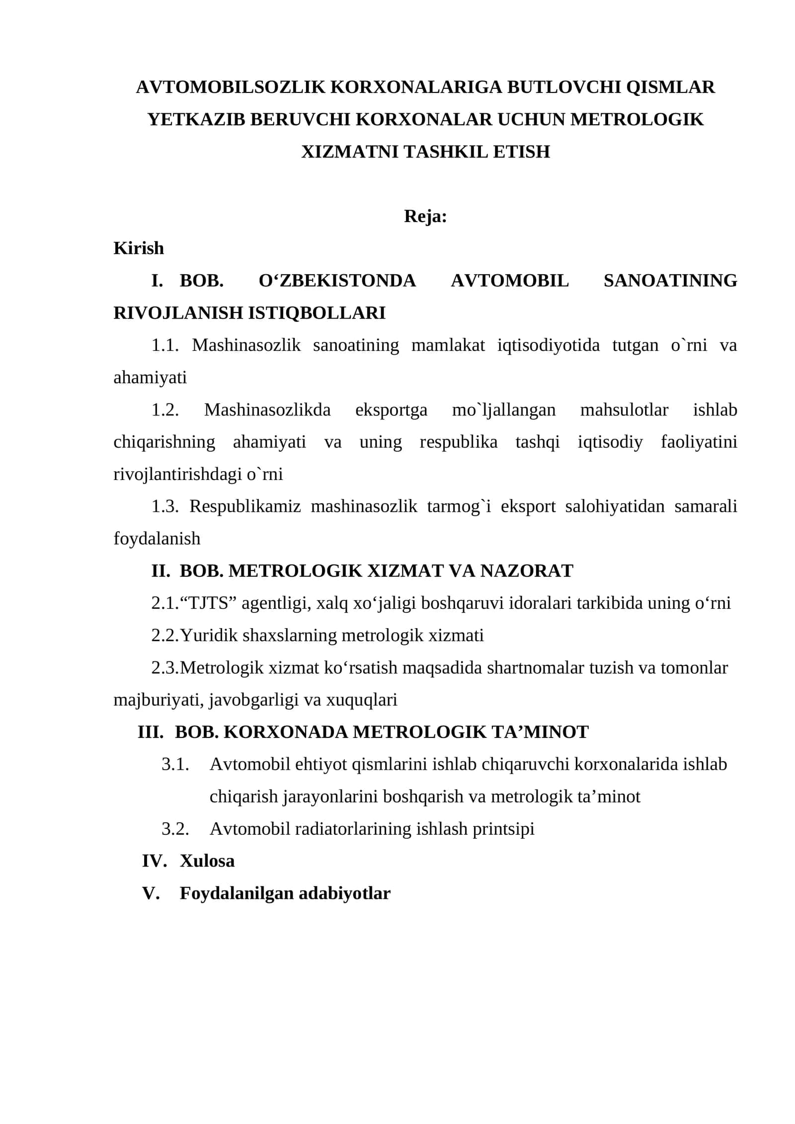 AVTOMOBILSOZLIK KORXONALARIGA BUTLOVCHI QISMLAR YETKAZIB BERUVCHI KORXONALAR UCHUN METROLOGIK XIZMATNI TASHKIL ETISH 1