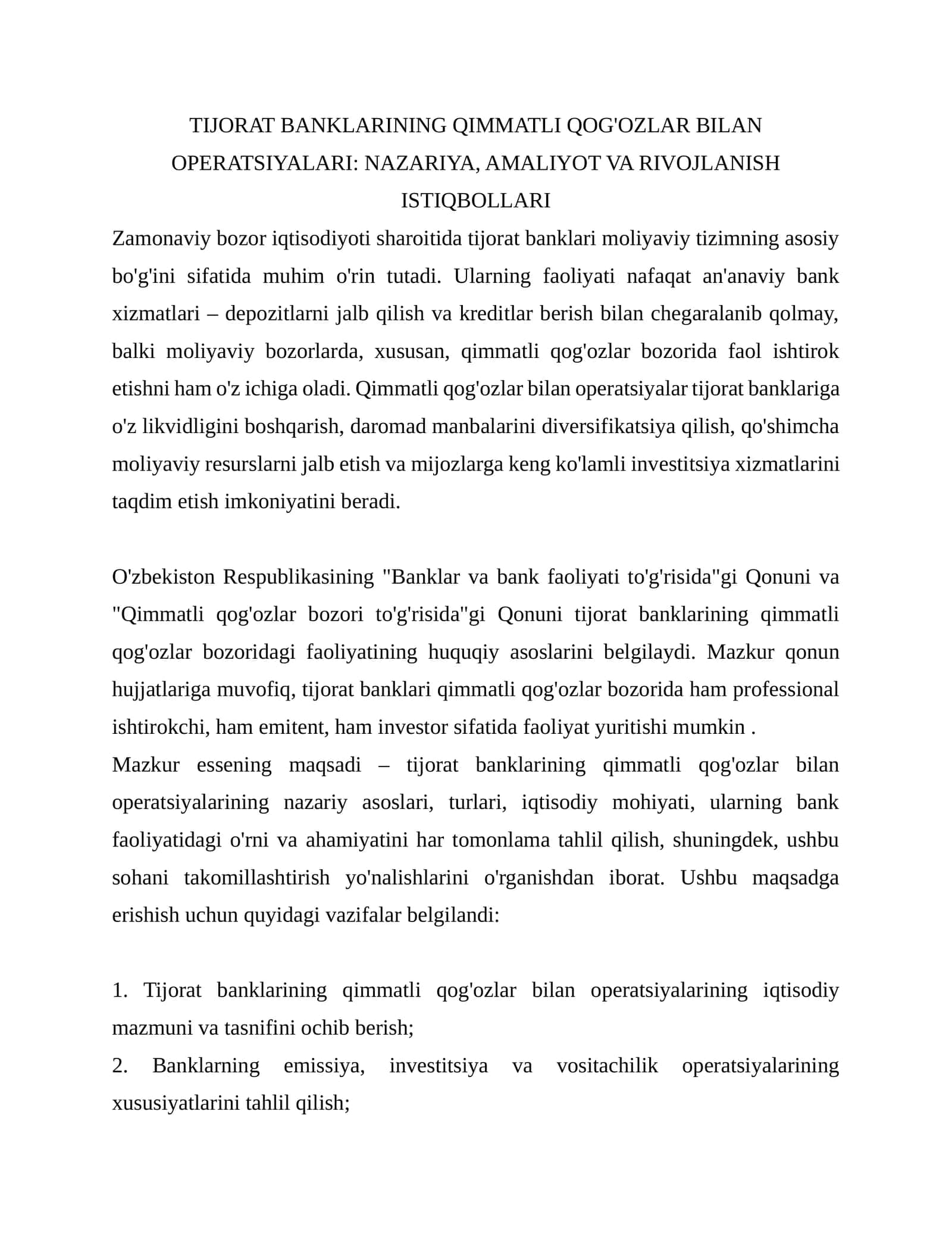 TIJORAT BANKLARINING QIMMATLI QOG'OZLAR BILAN OPERATSIYALARI: NAZARIYA, AMALIYOT VA RIVOJLANISH ISTIQBOLLARI 1