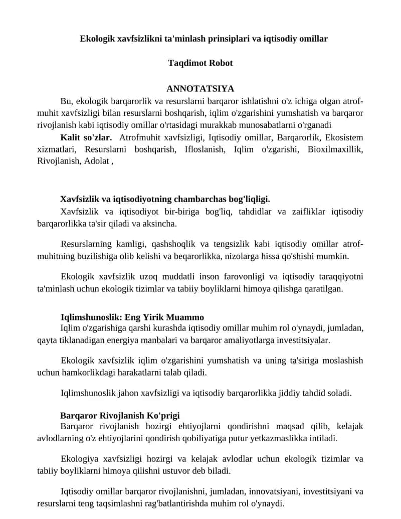 Ekologik xavfsizlikni ta'minlash prinsiplari va iqtisodiy omillar 1
