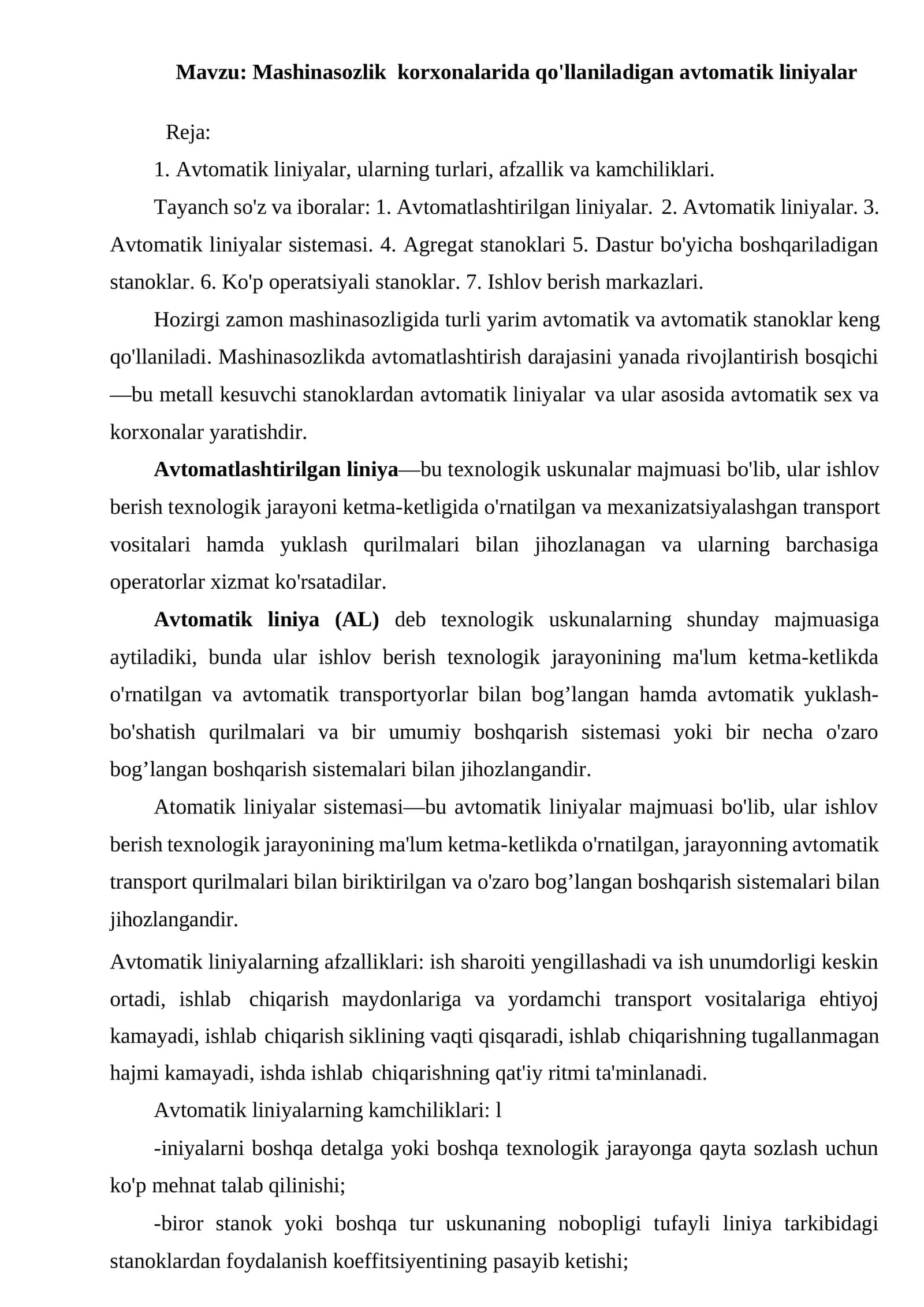Mashinasozlik korxonalarida qo'llaniladigan avtomatik liniyalar 1