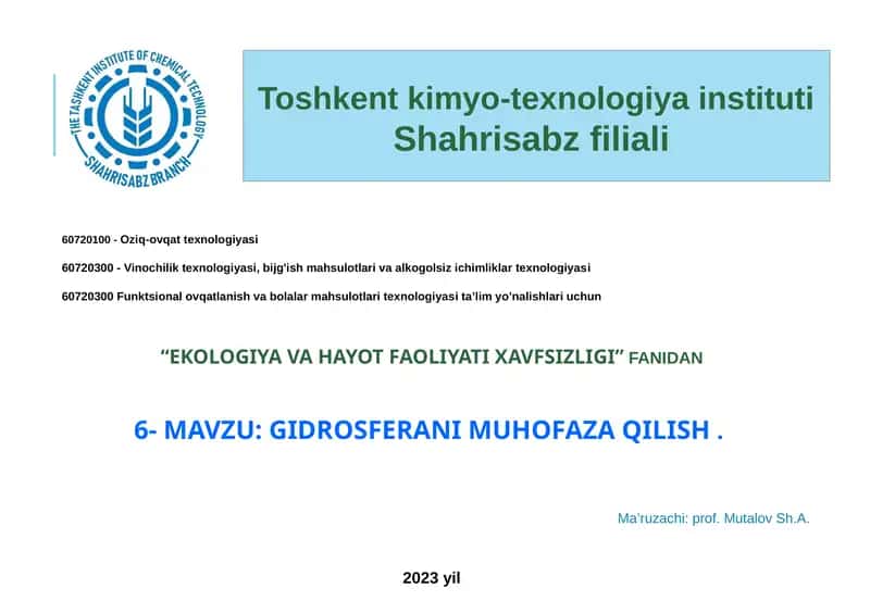 GIDROSFERANI MUHOFAZA QILISH 1