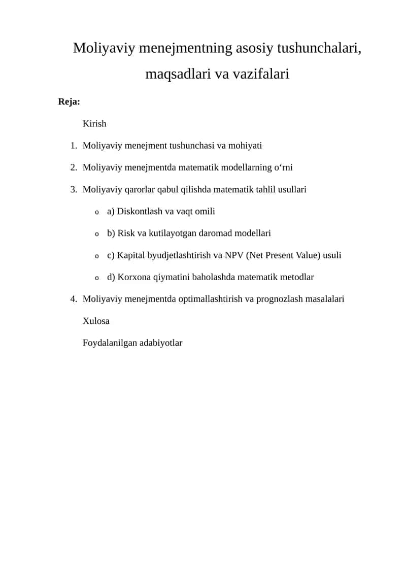 Moliyaviy menejmentning asosiy tushunchalari, maqsadlari va vazifalari 1
