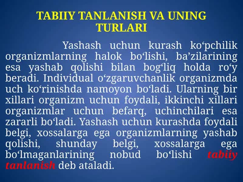 TABIIY TANLANISH VA UNING TURLARI 1