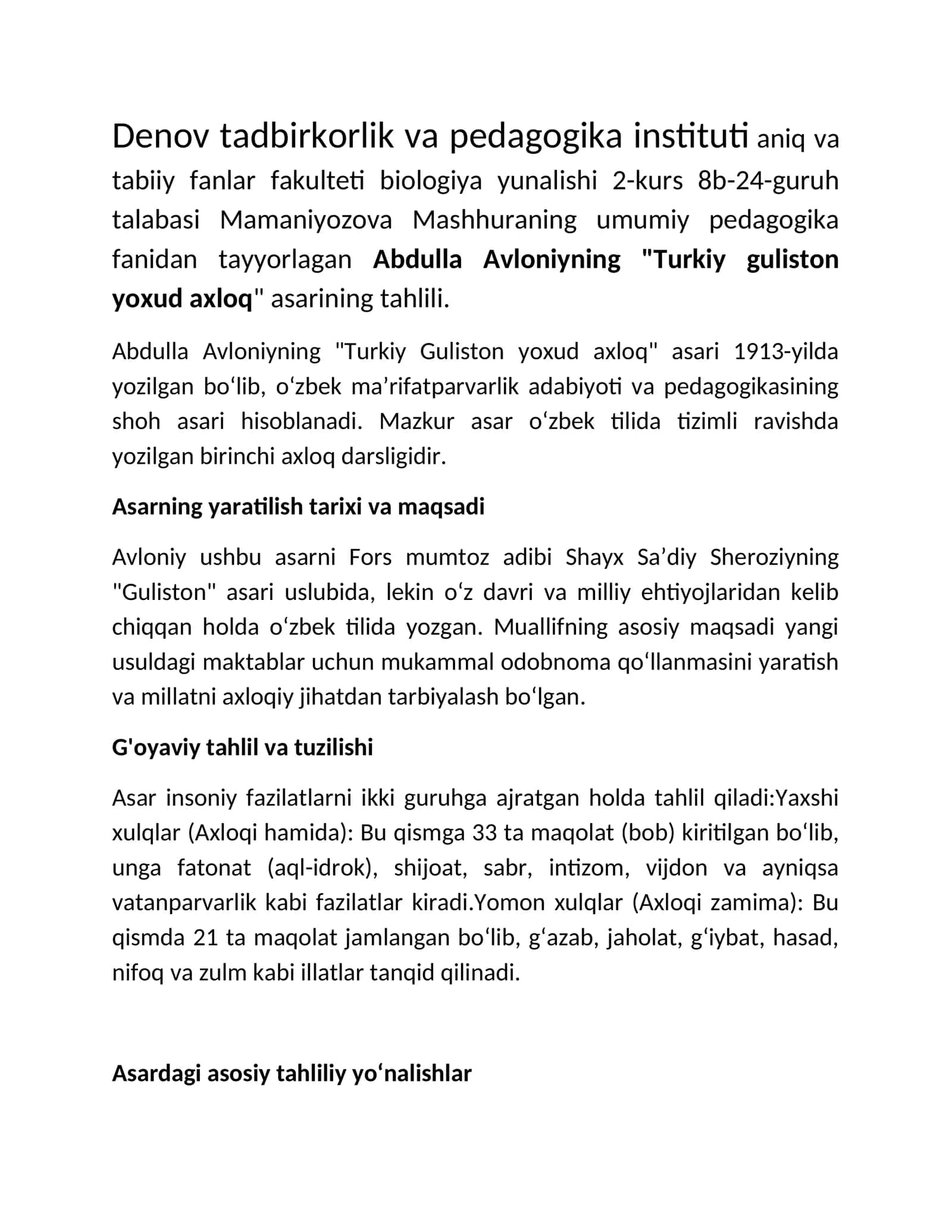 Abdulla Avloniyning "Turkiy guliston yoxud axloq" asarining tahlili 1