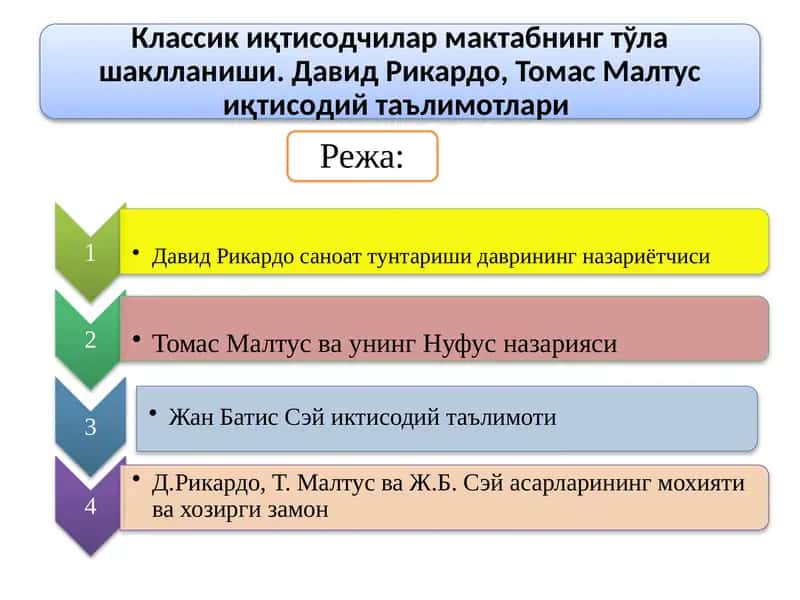 Классик иқтисодчилар мактабнинг тўла шаклланиши. Давид Рикардо, Томас Малтус иқтисодий таълимотлари 1