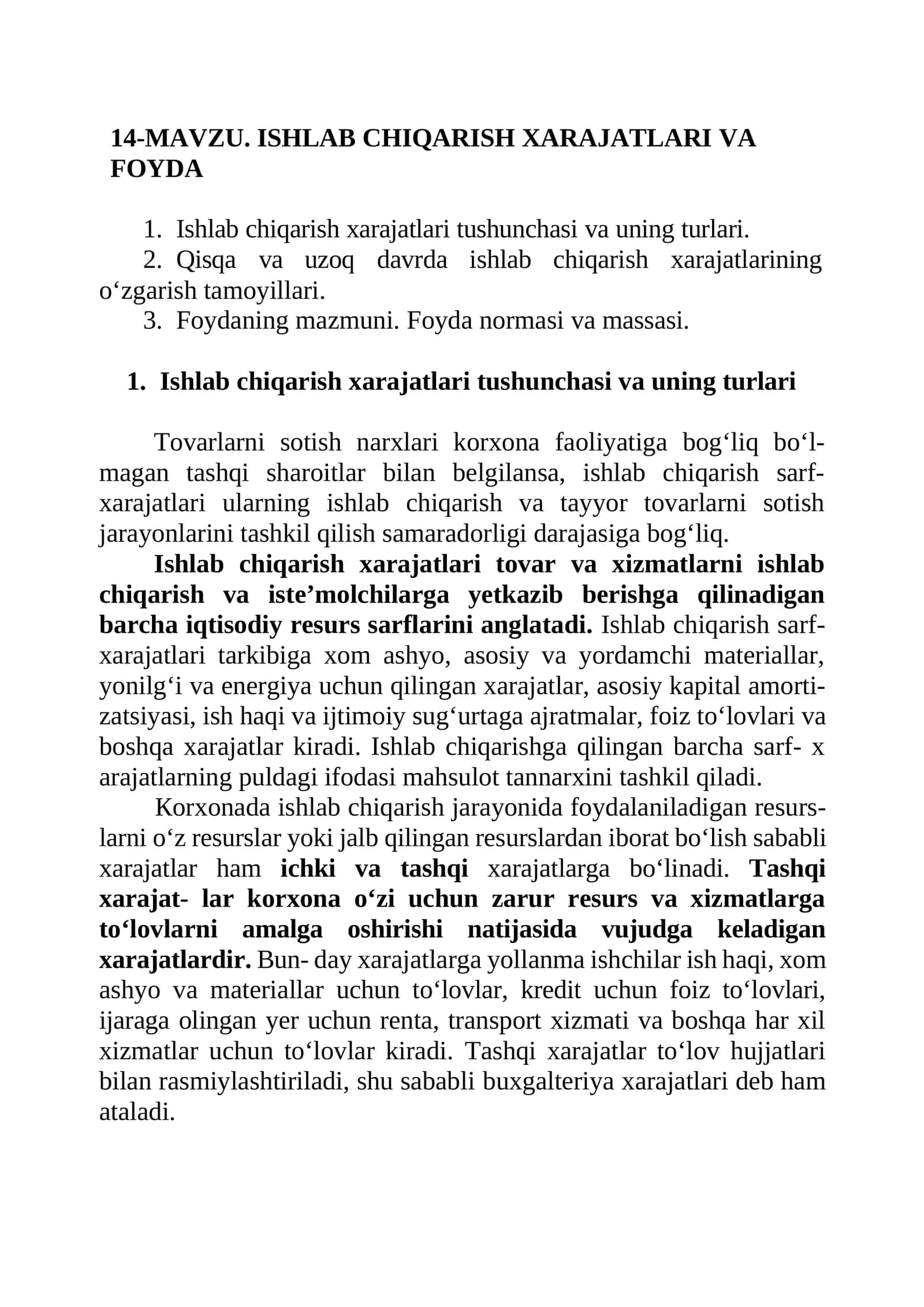 Ishlab chiqarish xarajatlari va foyda 1