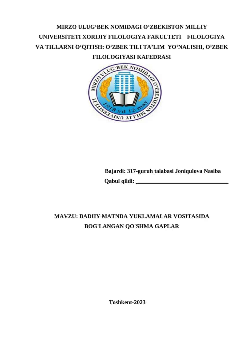 BADIIY MATNDA YUKLAMALAR VOSITASIDA BOG'LANGAN QO'SHMA GAPLAR 1