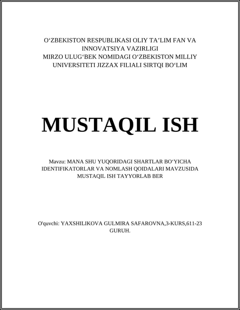 IDENTIFIKATORLAR VA NOMLASH QOIDALARI MAVZUSI 1