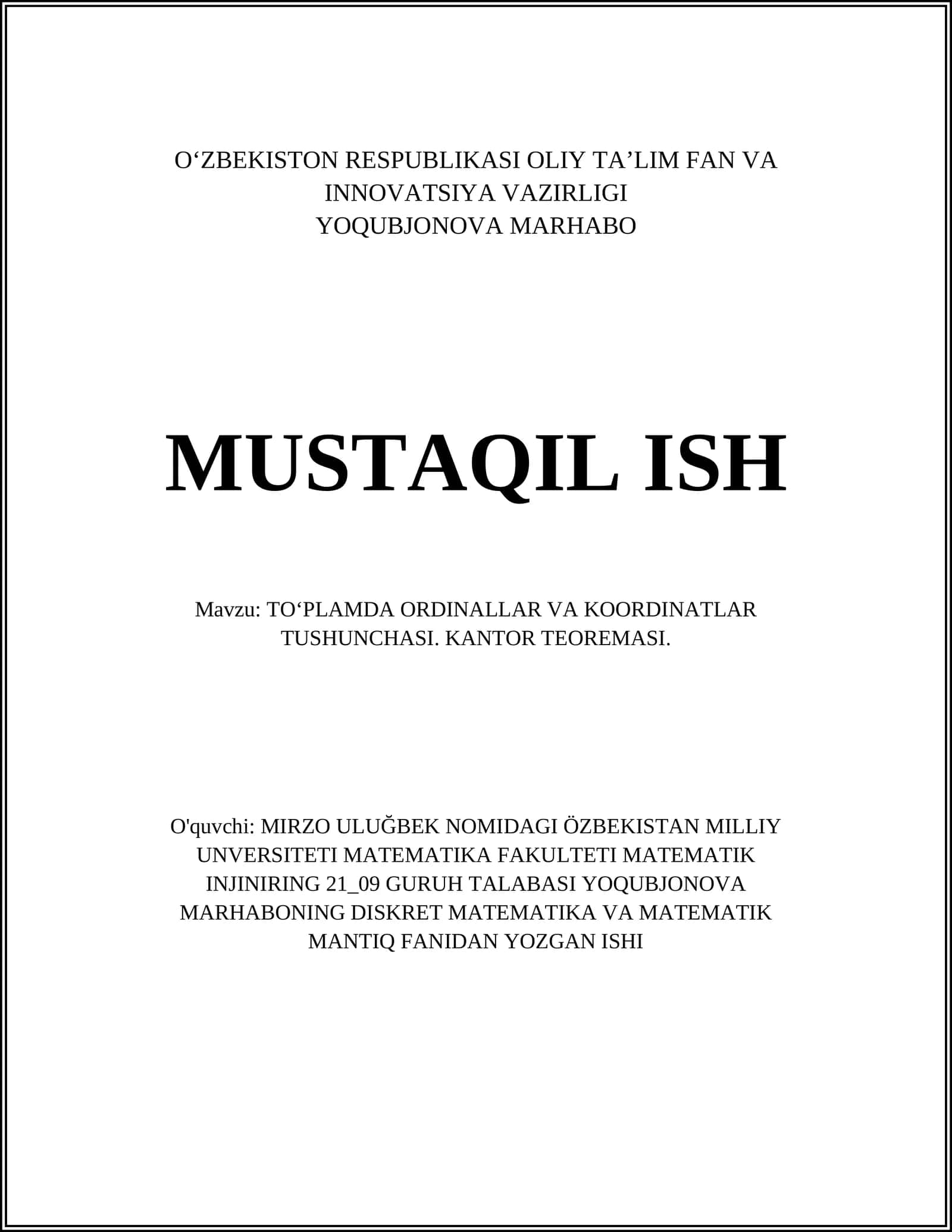 TOʻPLAMDA ORDINALLAR VA KOORDINATLAR TUSHUNCHASI. KANTOR TEOREMASI 1
