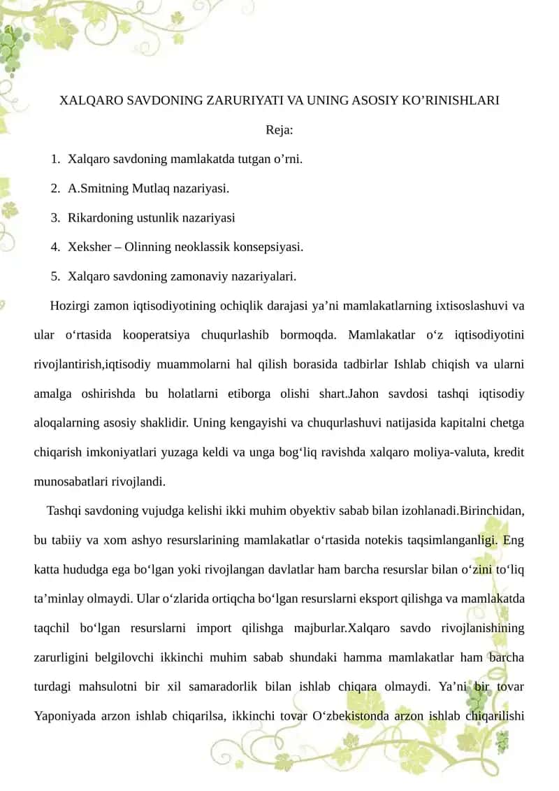 XALQARO SAVDONING ZARURIYATI VA UNING ASOSIY KO’RINISHLARI 1