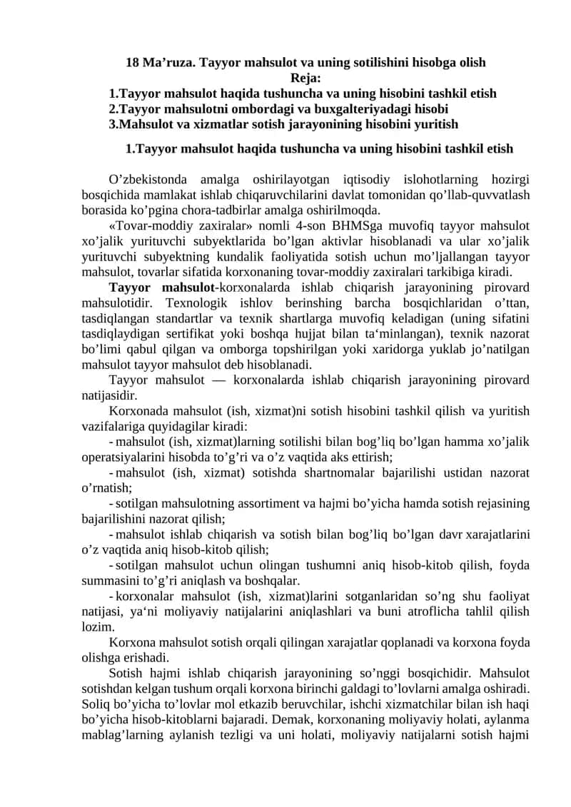 Tayyor mahsulot va uning sotilishini hisobga olish 1