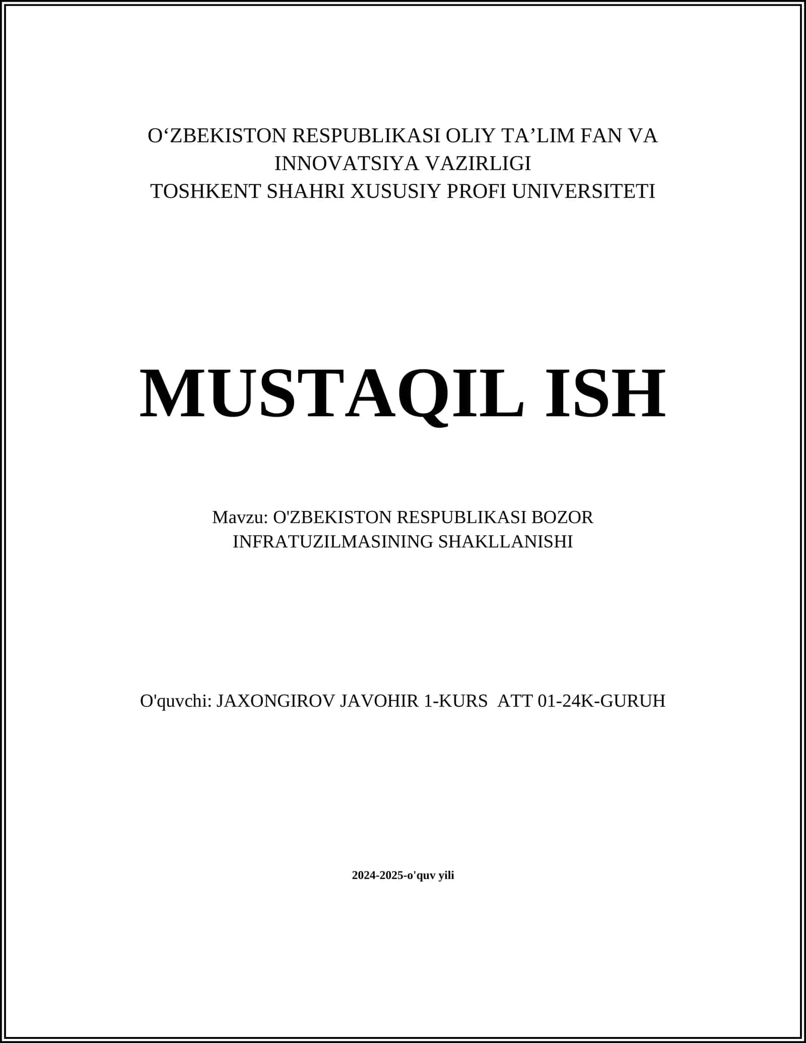 O'ZBEKISTON RESPUBLIKASI BOZOR INFRATUZILMASINING SHAKLLANISHI 1