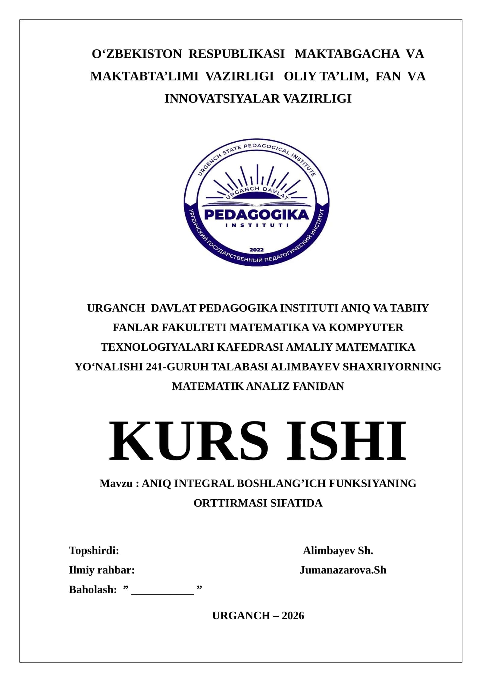Aniq Integralning Boshlang'ich Funksiyasi Sifatida Ortirmasi 1