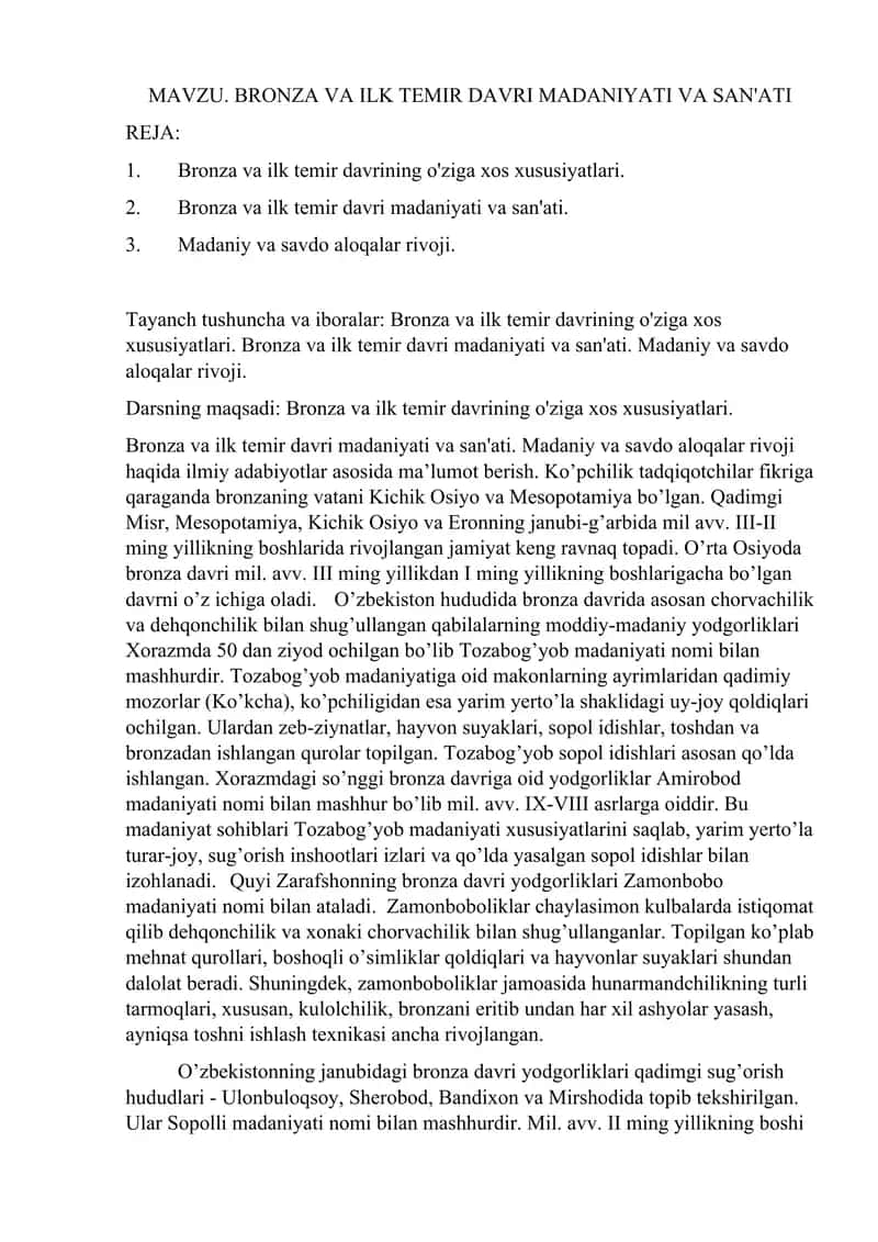 BRONZA VA ILK TEMIR DAVRI MADANIYATI VA SAN'ATI 1