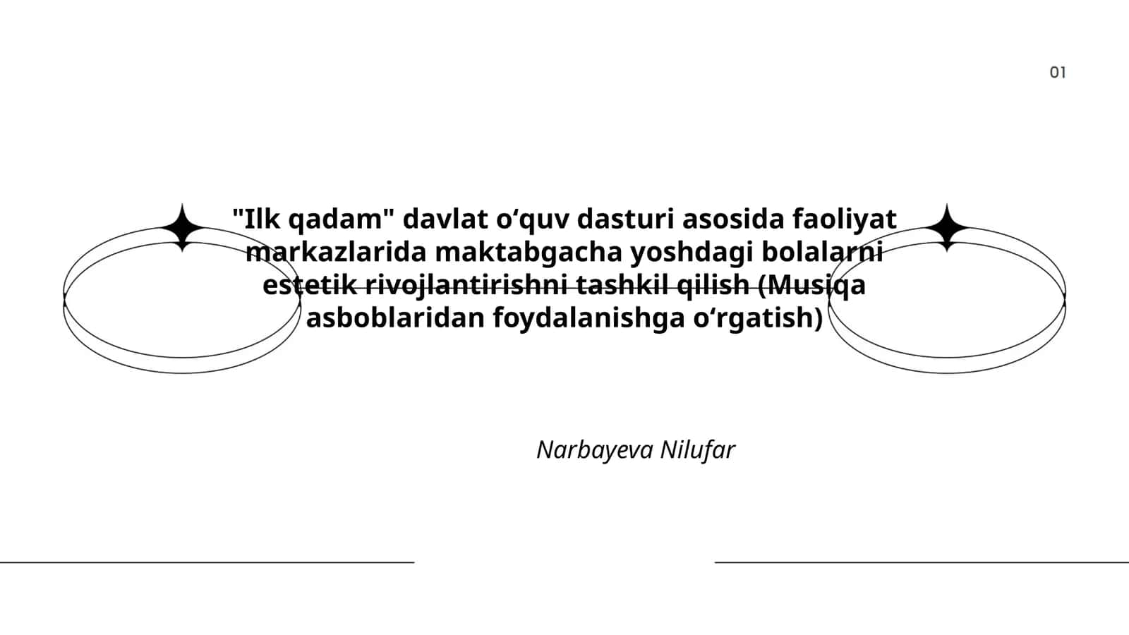 Ilk qadam davlat oʻquv dasturi asosida faoliyat markazlarida maktabgacha yoshdagi bolalarni estetik rivojlantirishni tashkil qilish (Musiqa asboblaridan foydalanishga oʻrgatish) 1