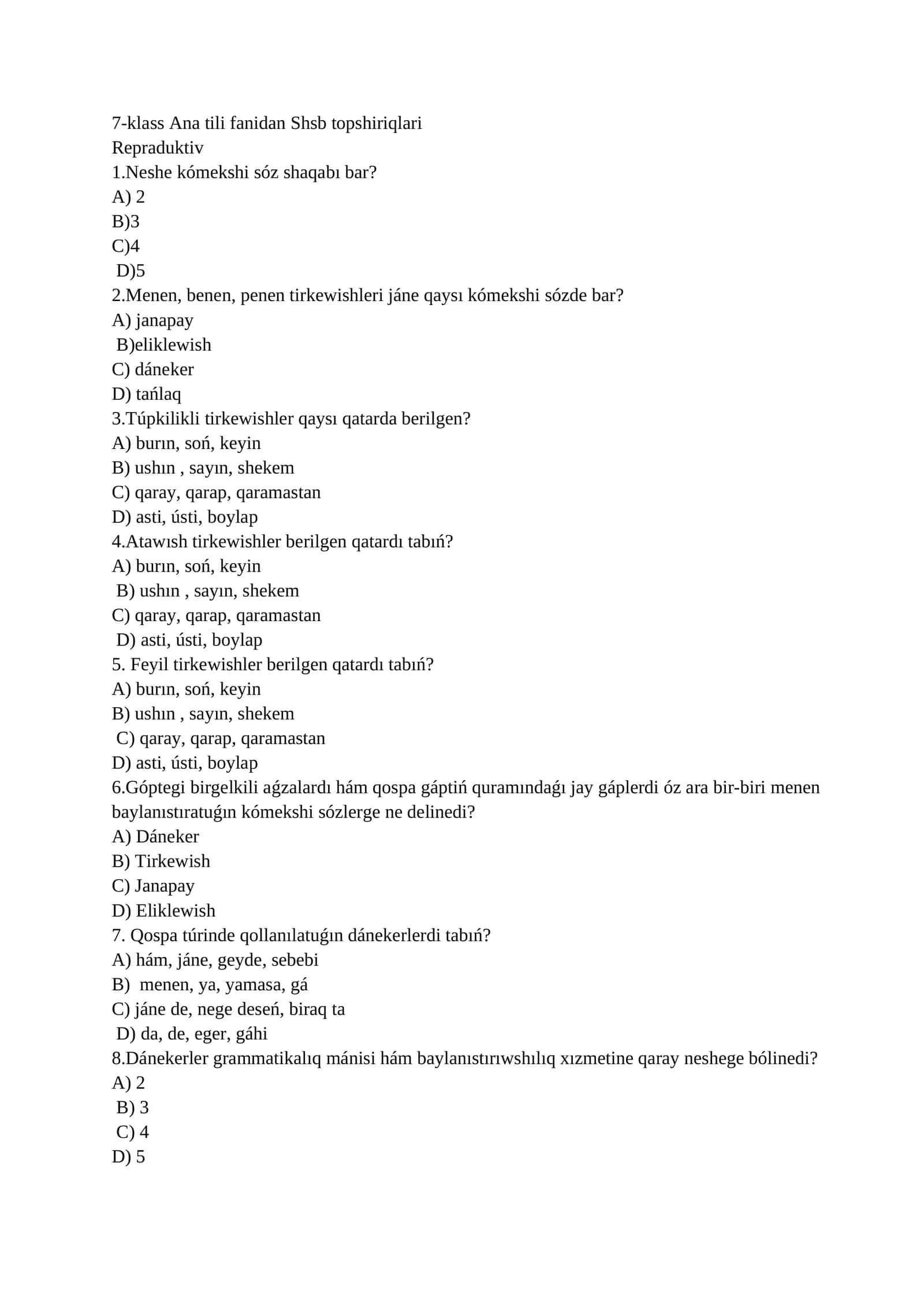 7-klass Ana tili fanidan Shsb topshiriqlari 1