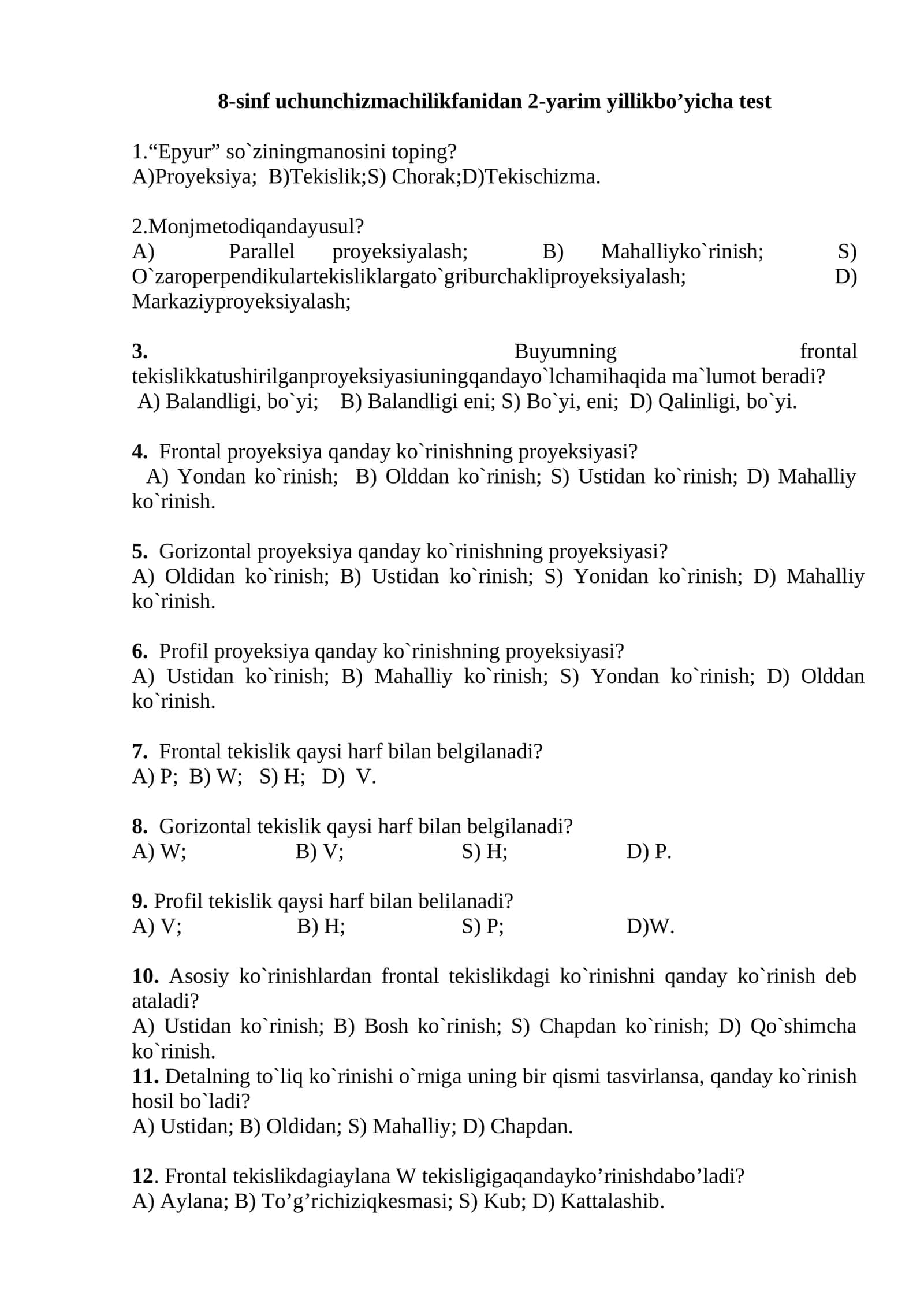 8-sinf uchunchizmachilikfanidan 2-yarim yillikbo’yicha test 1