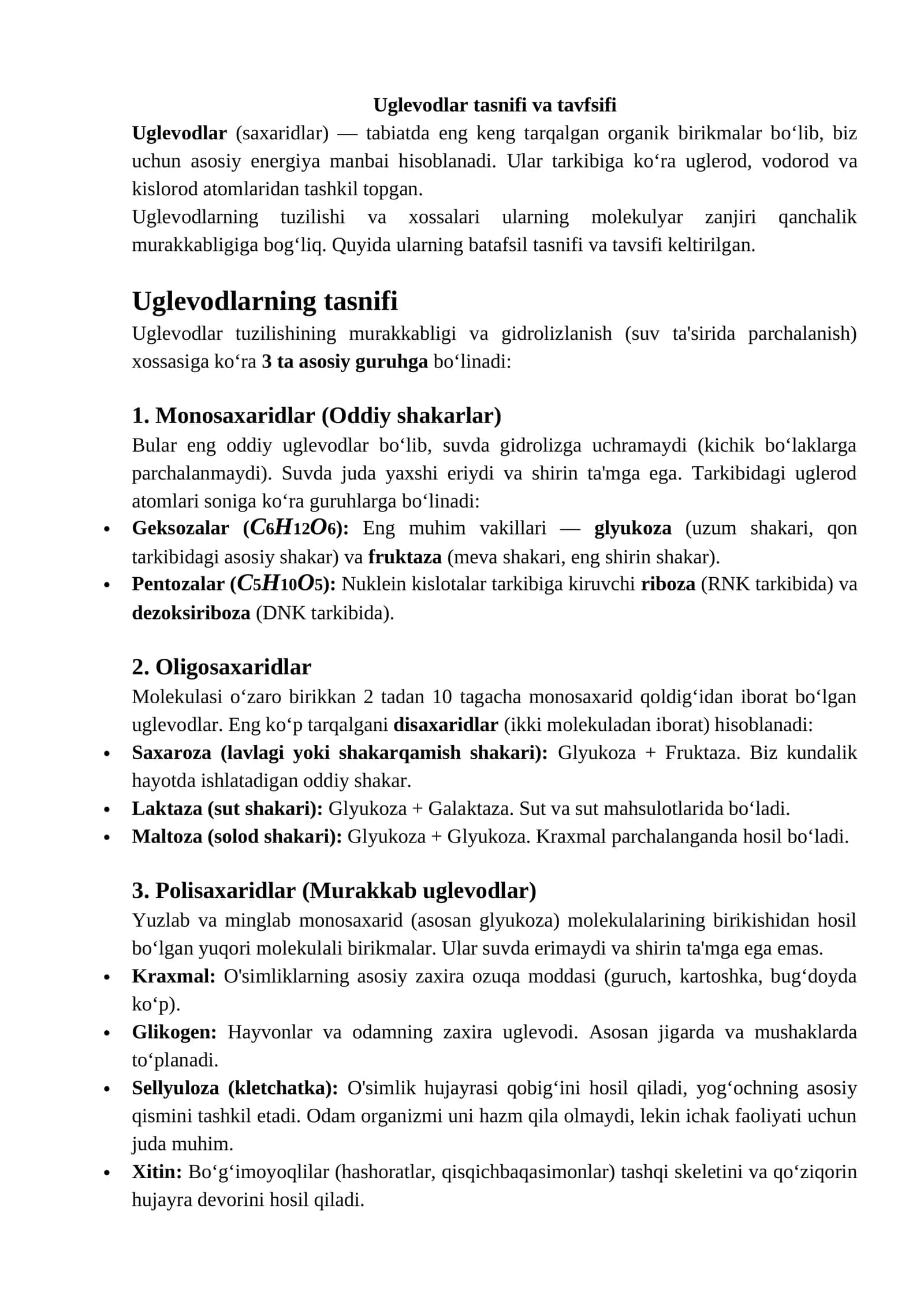 Uglevodlar tasnifi va tavfsifi 1