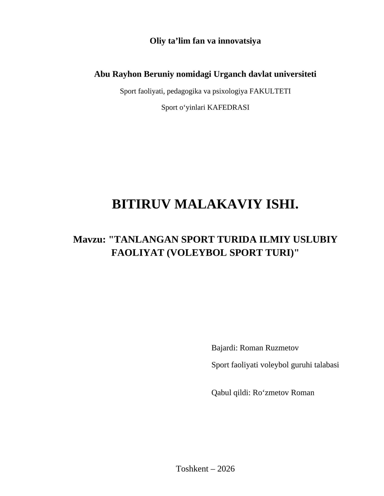 Tanlangan sport turida ilmiy uslubiy faoliyat (voleybol sport turi) 1