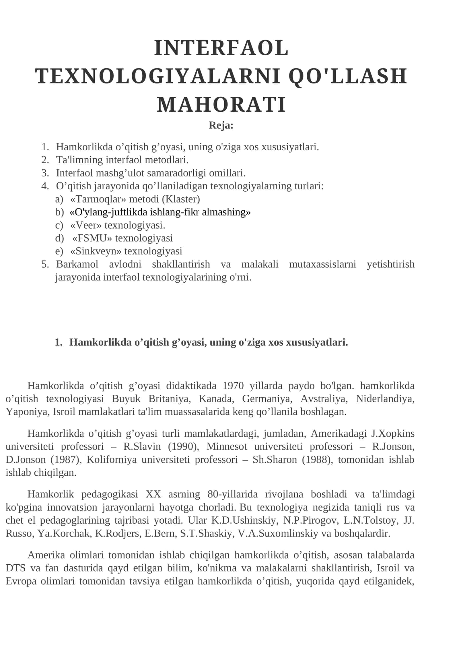 INTERFAOL TEXNOLOGIYALARNI QO'LLASH MAHORATI 1