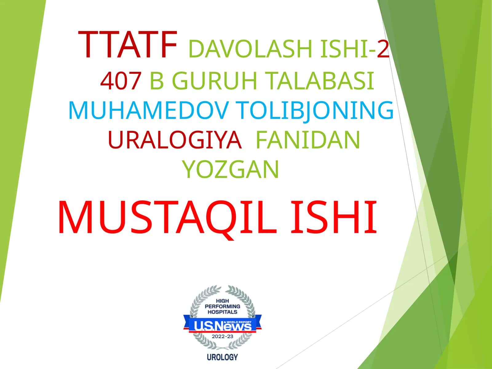 TTATFDAVOLASH ISHI-2407B GURUH TALABASIMUHAMEDOV TOLIBJONINGURALOGIYAFANIDAN YOZGAN MUSTAQIL ISHI 1