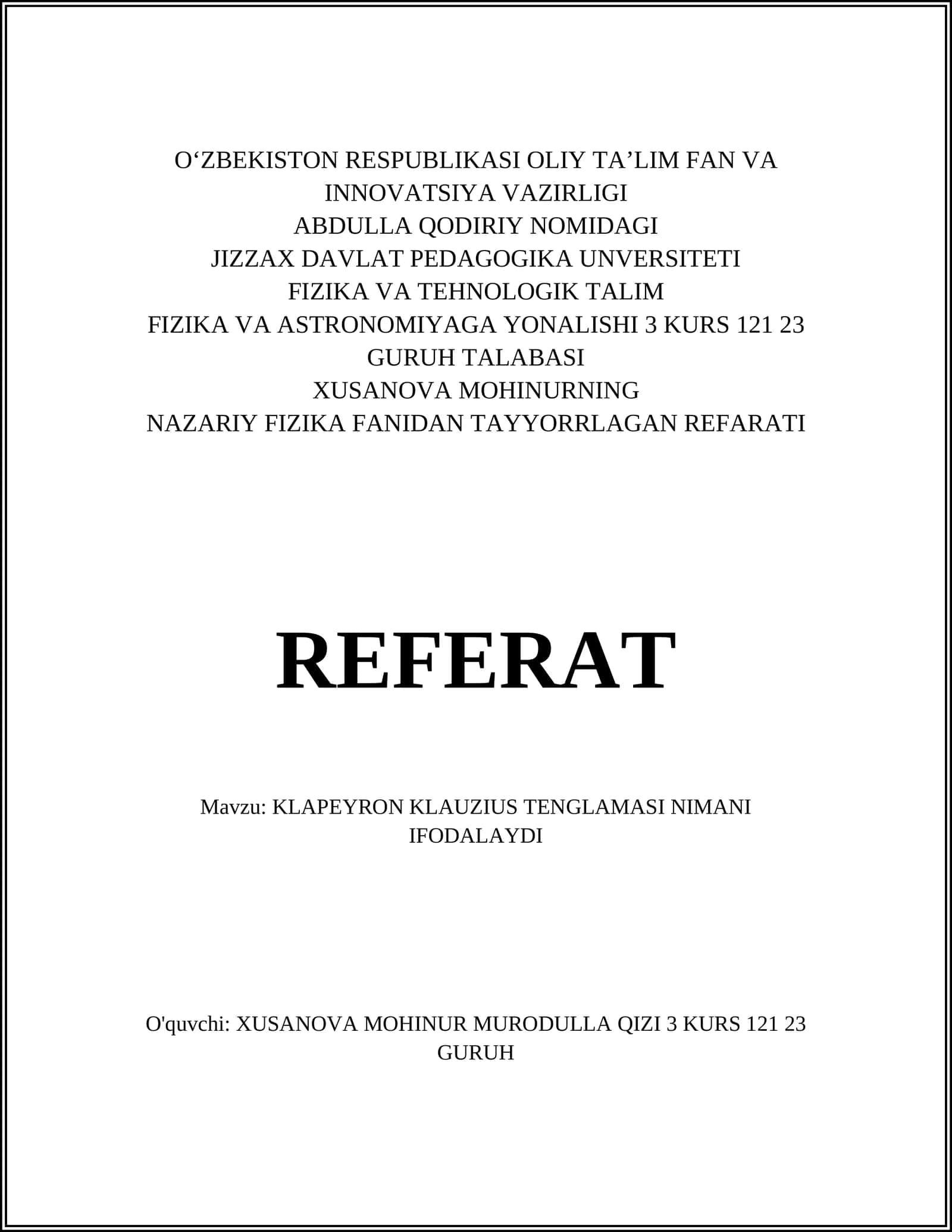NAZARIY FIZIKA FANIDAN TAYYORRLAGAN REFARATI 1