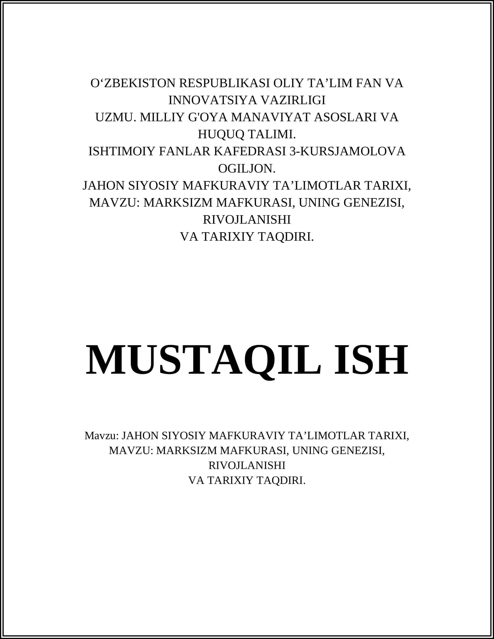 Marksizm Mafkurasi va Uning Tarixi 1