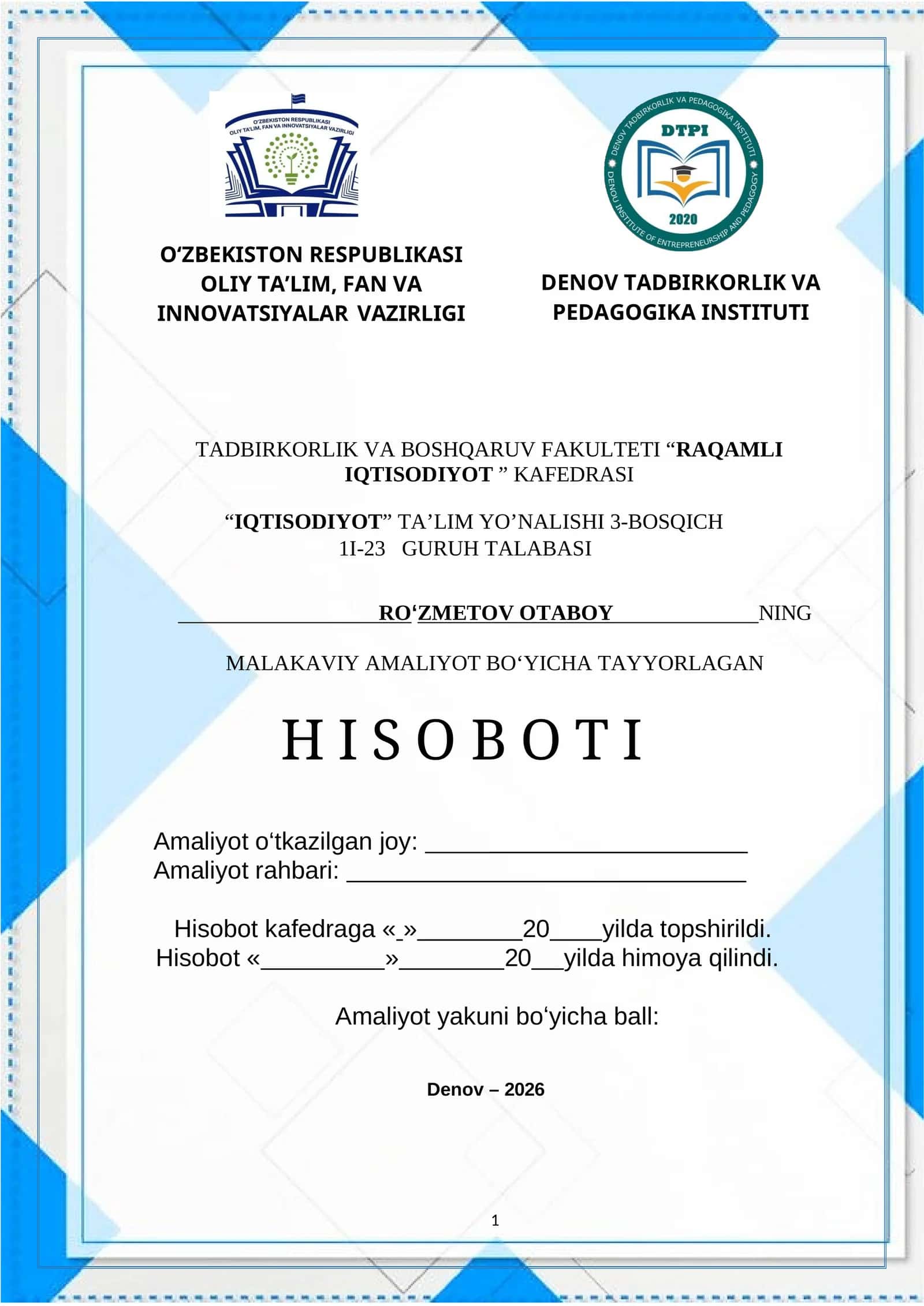 Urganch shahridagi "Karavan" mehmonxona  da amalyot hisoboti 1