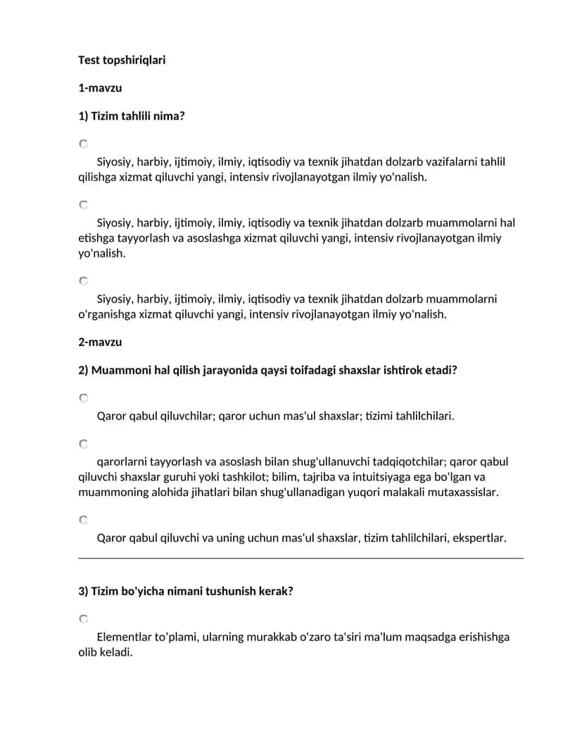 axborot tizimlarini loyihalash va tizimli tahlil fanidan test topshiriqlari 1