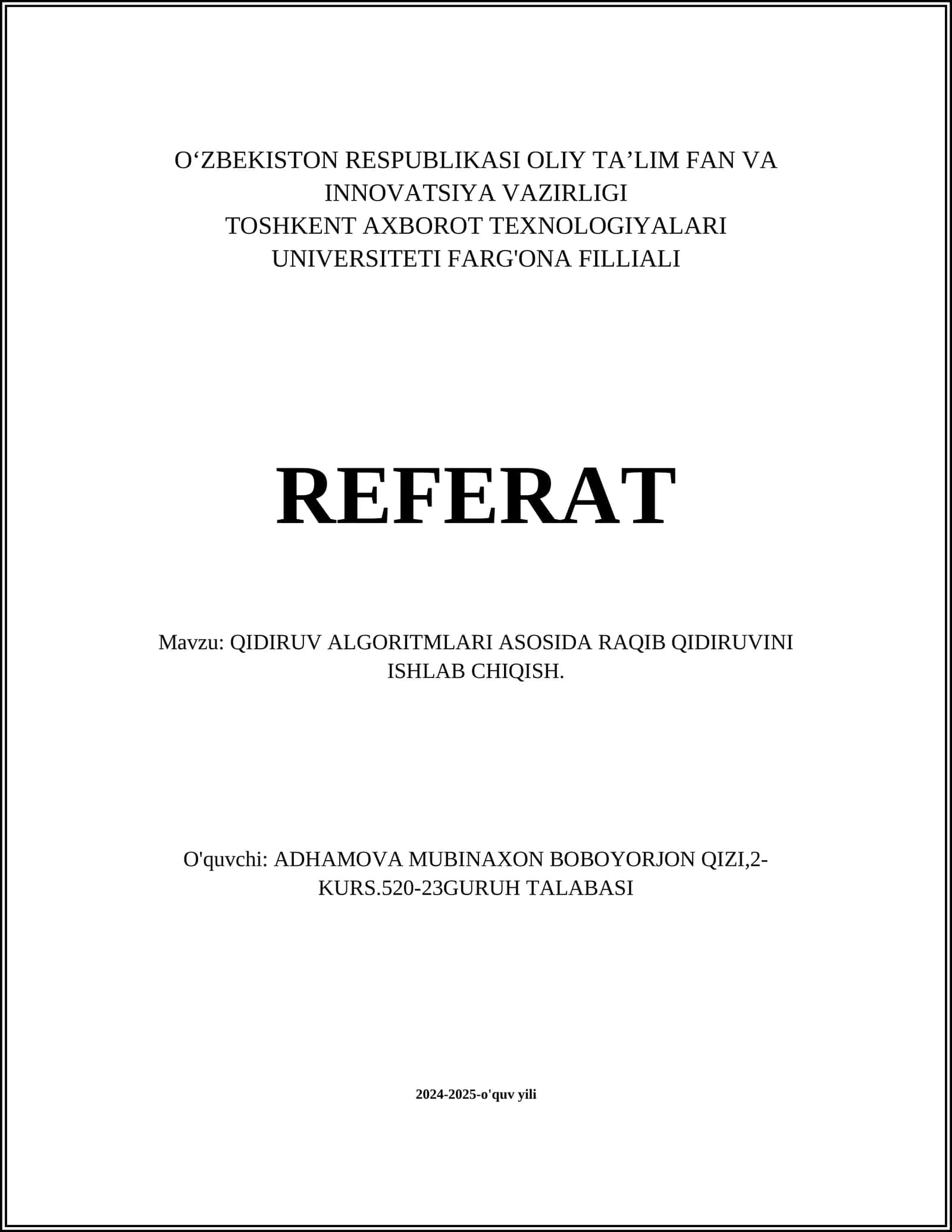 QIDIRUV ALGORITMLARI ASOSIDA RAQIB QIDIRUVINI ISHLAB CHIQISH 1