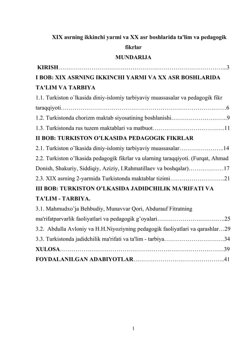 XIX asrning ikkinchi yarmi va XX asr boshlarida ta'lim va pedagogik fikrlar 1