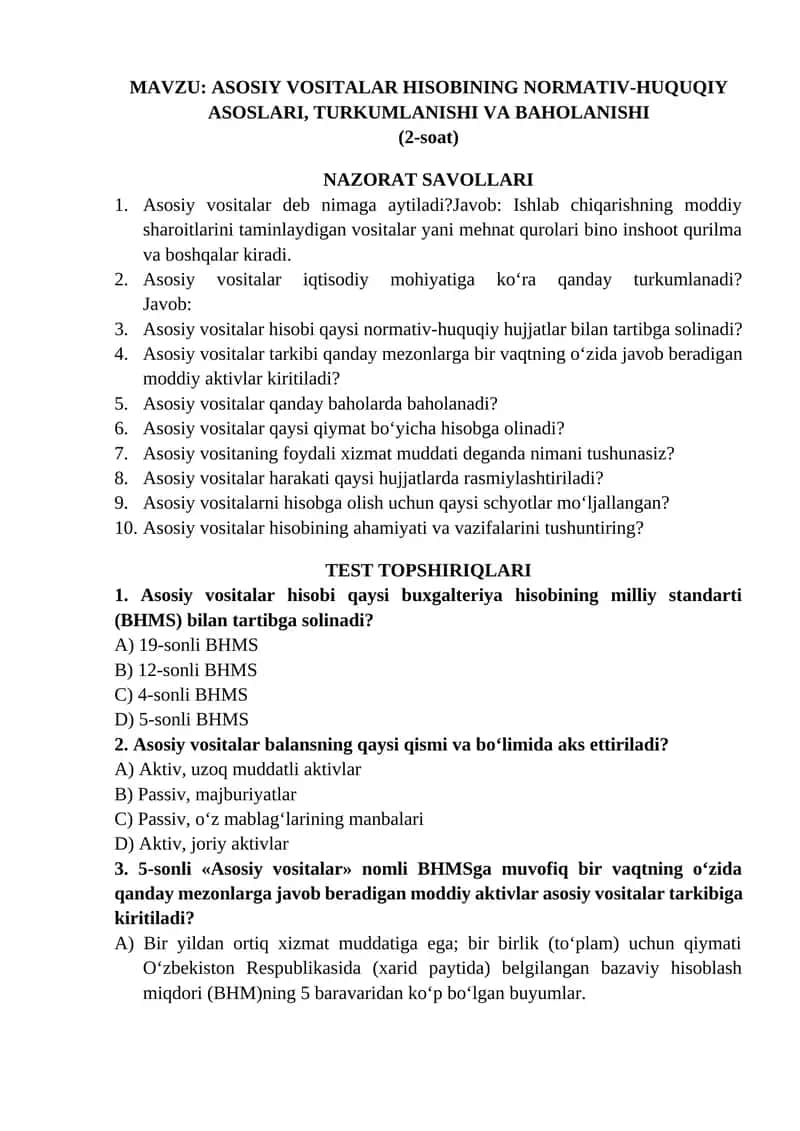 ASOSIY VOSITALAR HISOBINING NORMATIV-HUQUQIY ASOSLARI, TURKUMLANISHI VA BAHOLANISHI 1