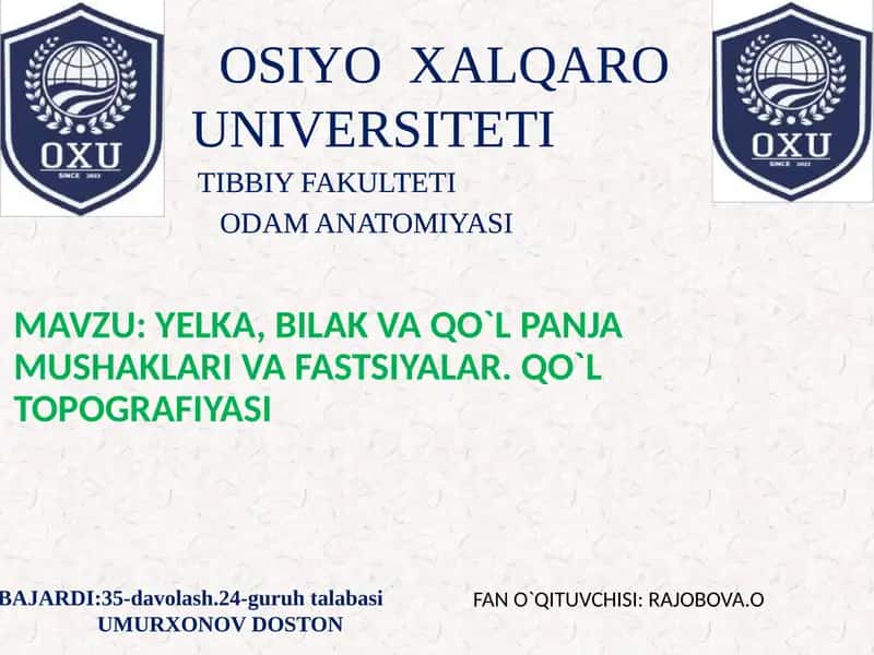YELKA, BILAK VA QO`L PANJA MUSHAKLARI VA FASTSIYALAR 1