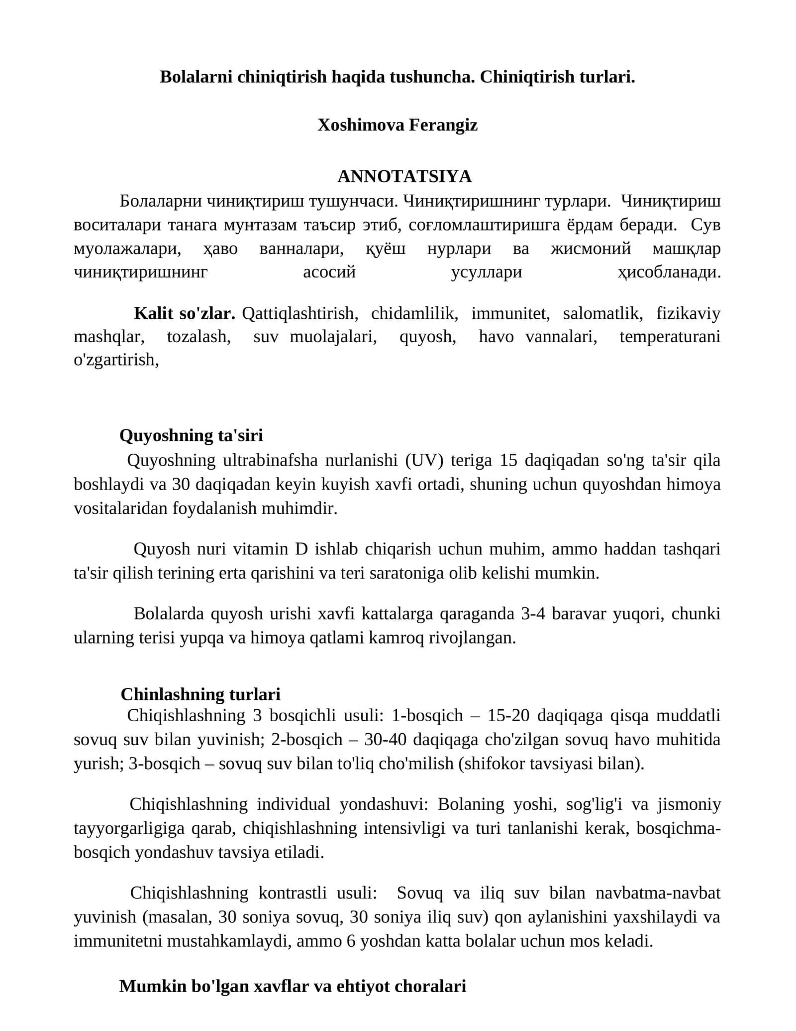 Bolalarni chiniqtirish haqida tushuncha. Chiniqtirish turlari 1