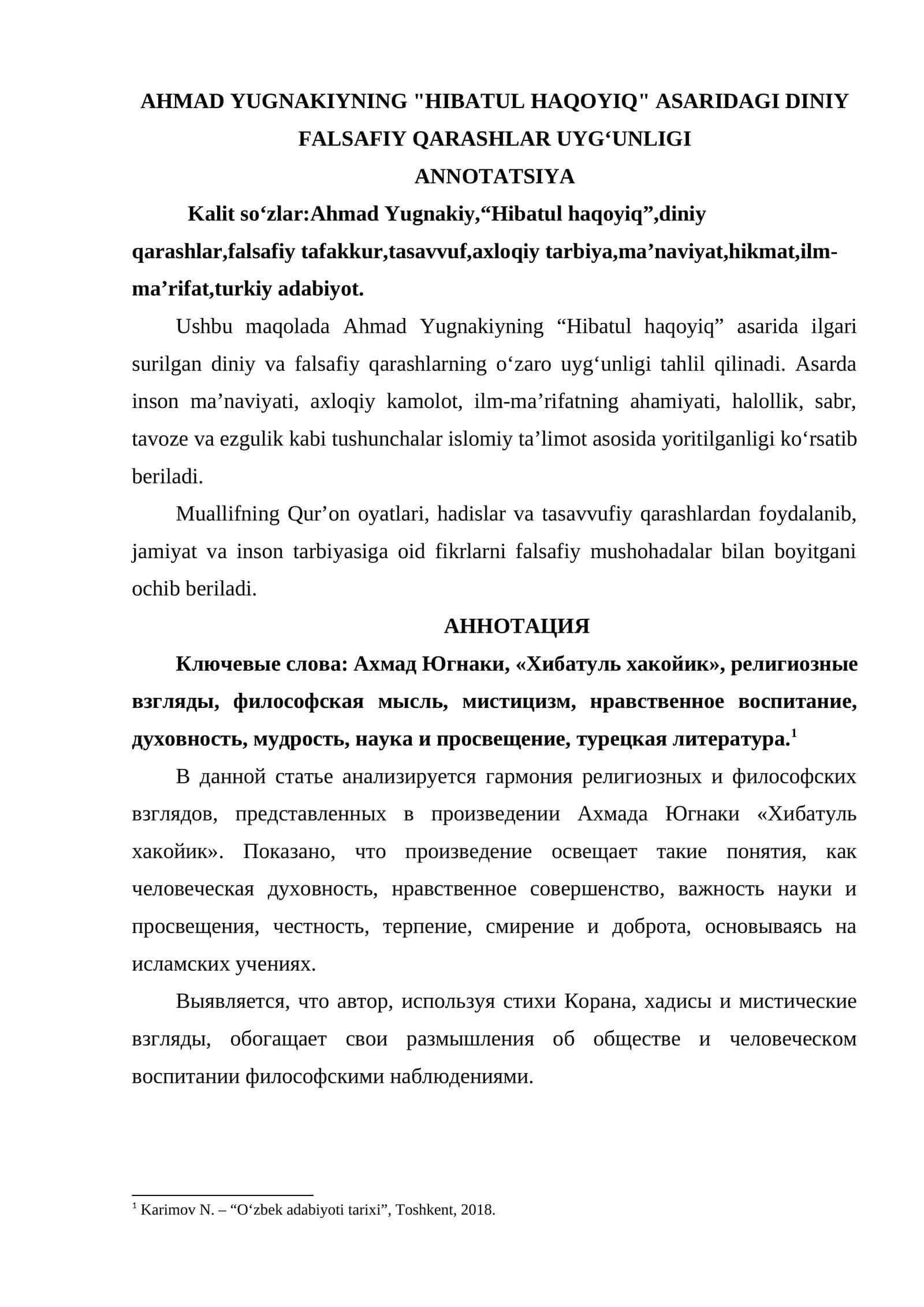 AHMAD YUGNAKIYNING HIBATUL HAQOYIQ ASARIDAGI DINIY FALSAFIY QARASHLAR UYGʻUNLIGI 1