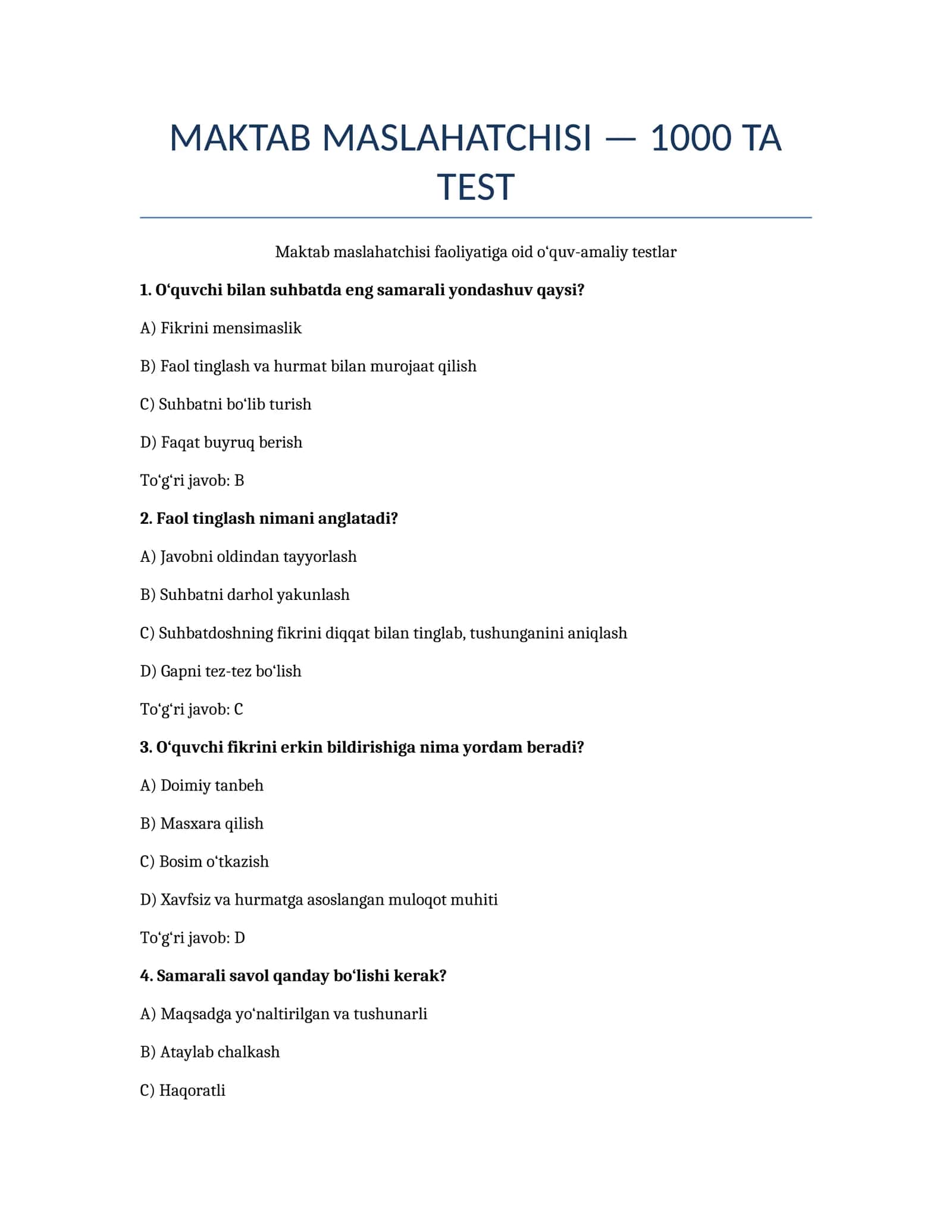 Maktab maslahatchisi uchun 1000 ta test savollari 1