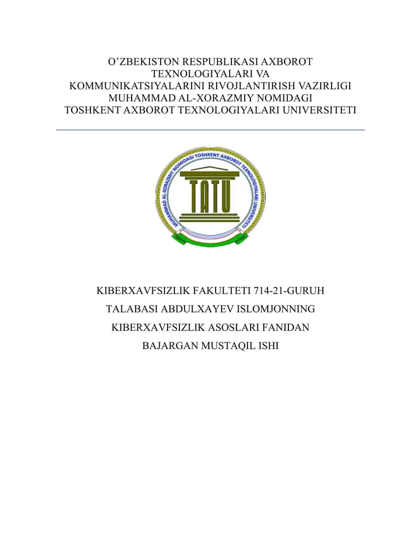 Identifikatsiya va autentifikatsiya tushunchasi va vazifalari + Kiberxavfsizlik fanidan 40 ta test 1