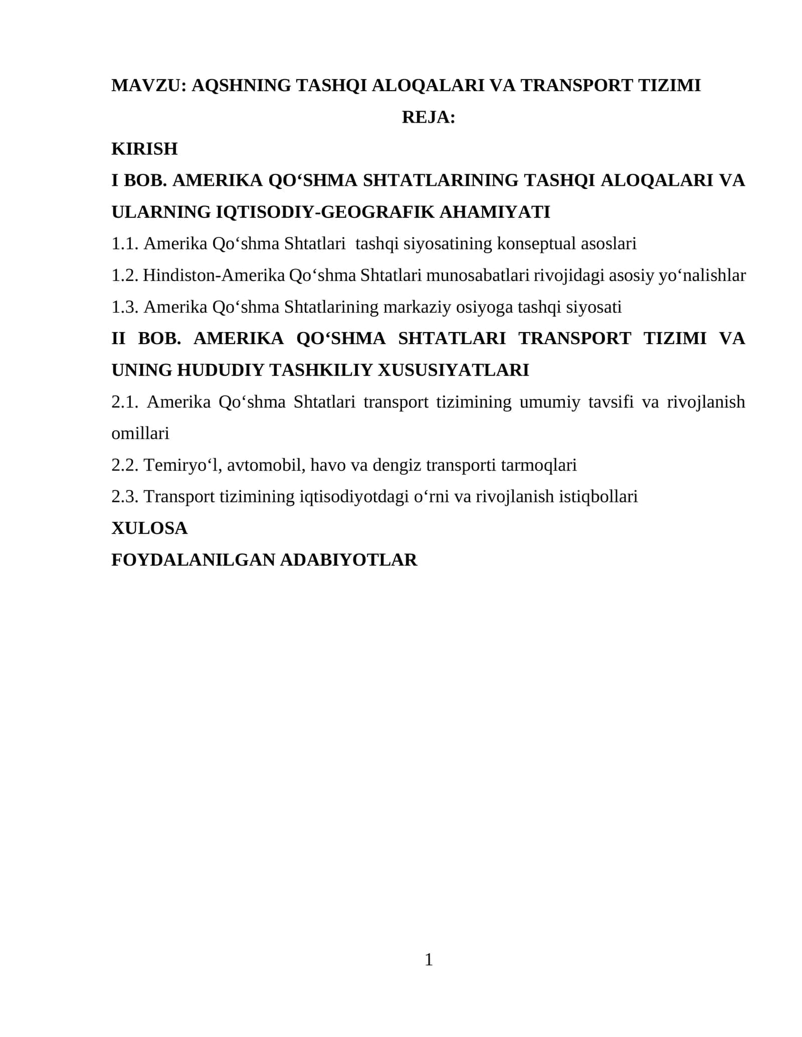 AQSHNING TASHQI ALOQALARI VA TRANSPORT TIZIMI 1