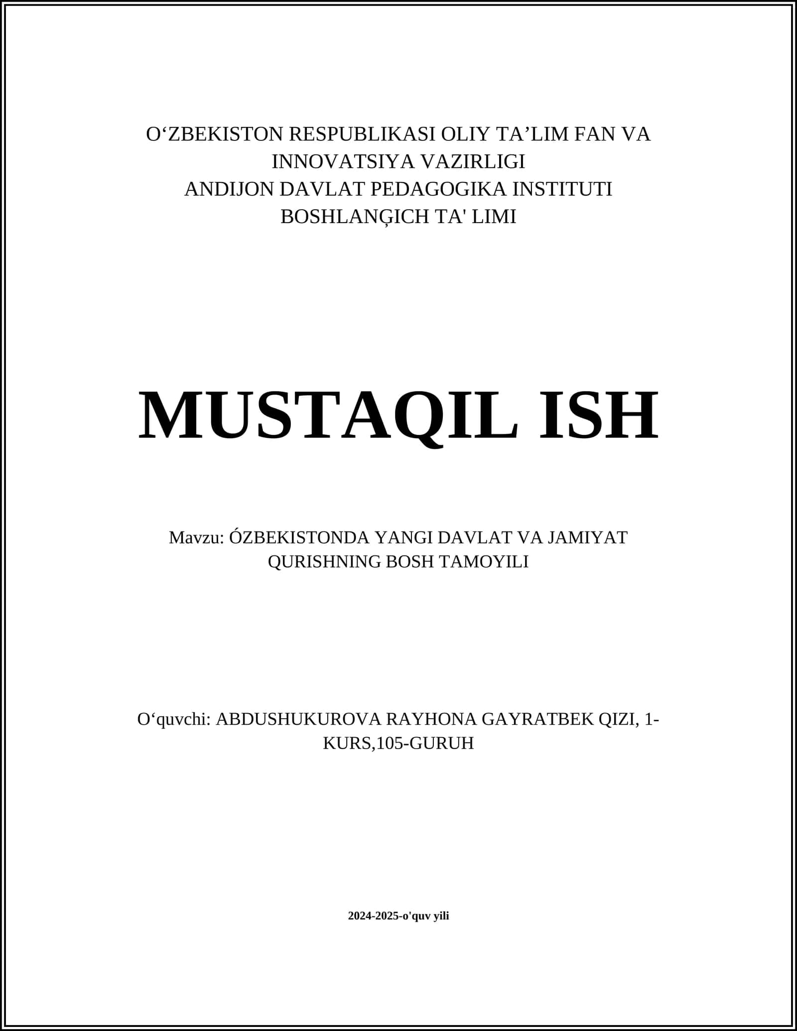 O‘zbekistonda Yangi Davlat va Jamiiyat Qurishning Bosh Tamoyili 1