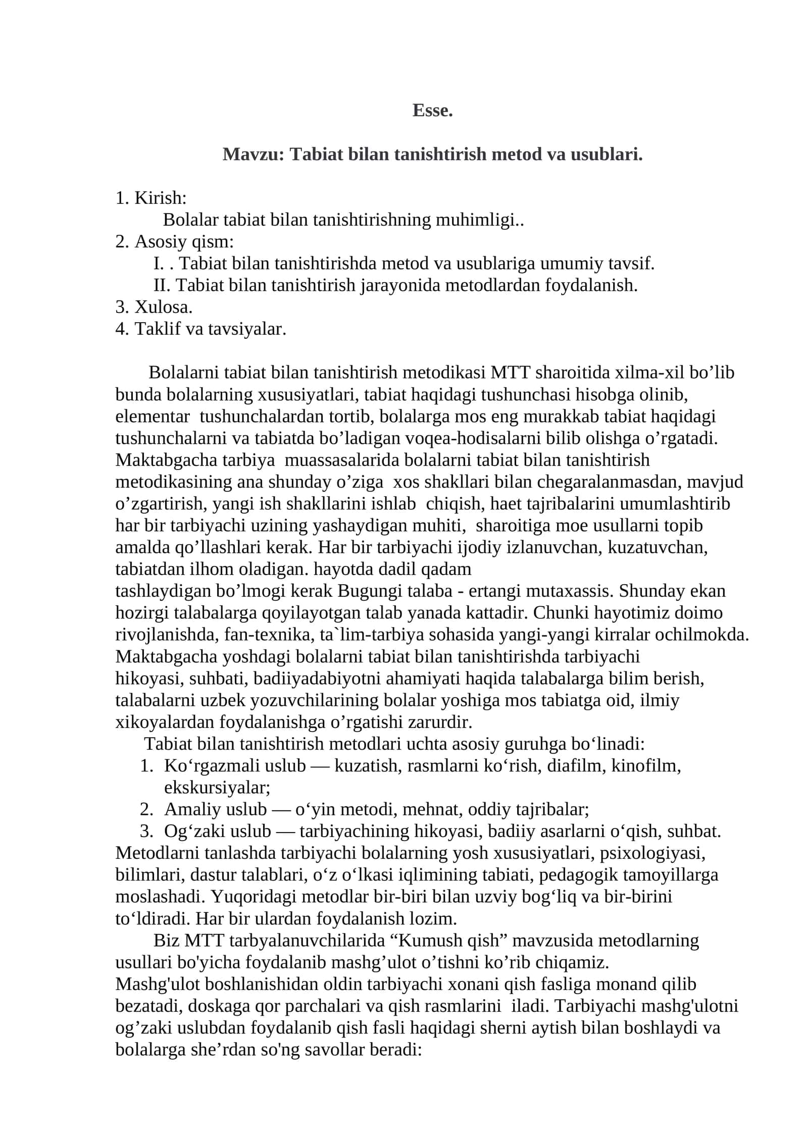 Tabiat bilan tanishtirish metod va usublari. mavzusida maruza esse 1