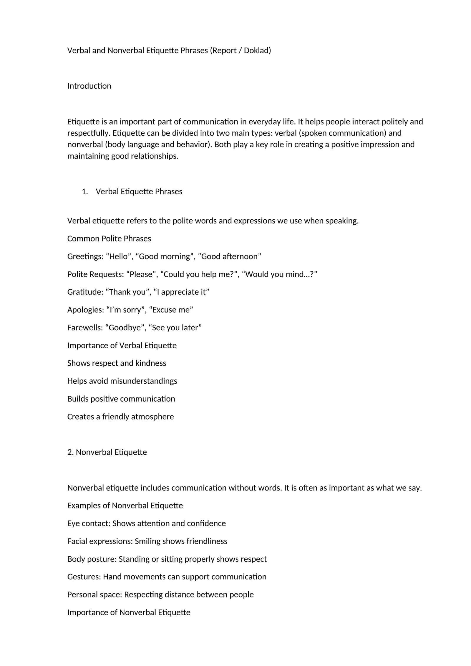 Verbal and Nonverbal Etiquette Phrases (Report / Doklad) 1