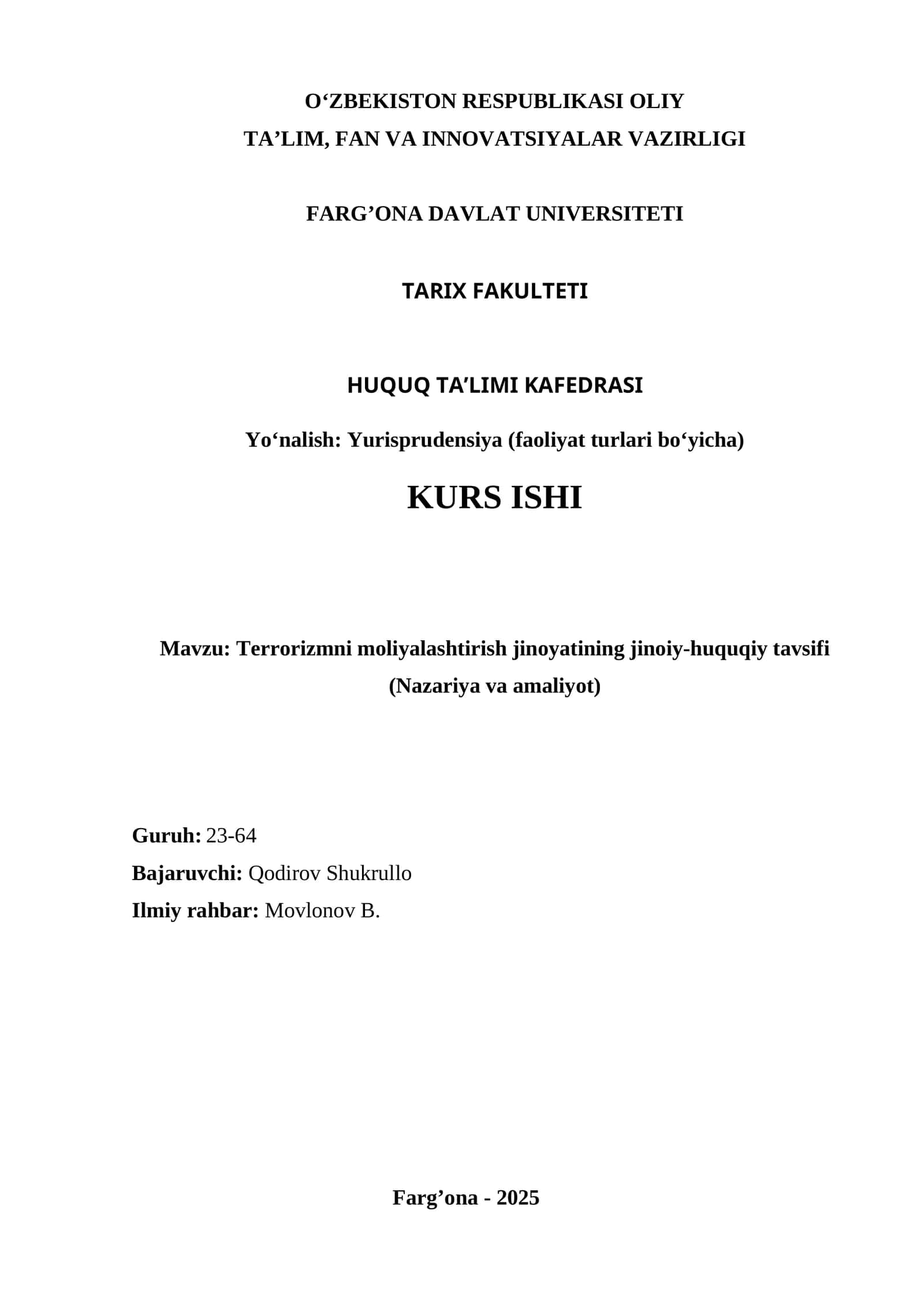 Terrorizmni moliyalashtirish jinoyatining jinoiy-huquqiy tavsifi (Nazariya va amaliyot) 1
