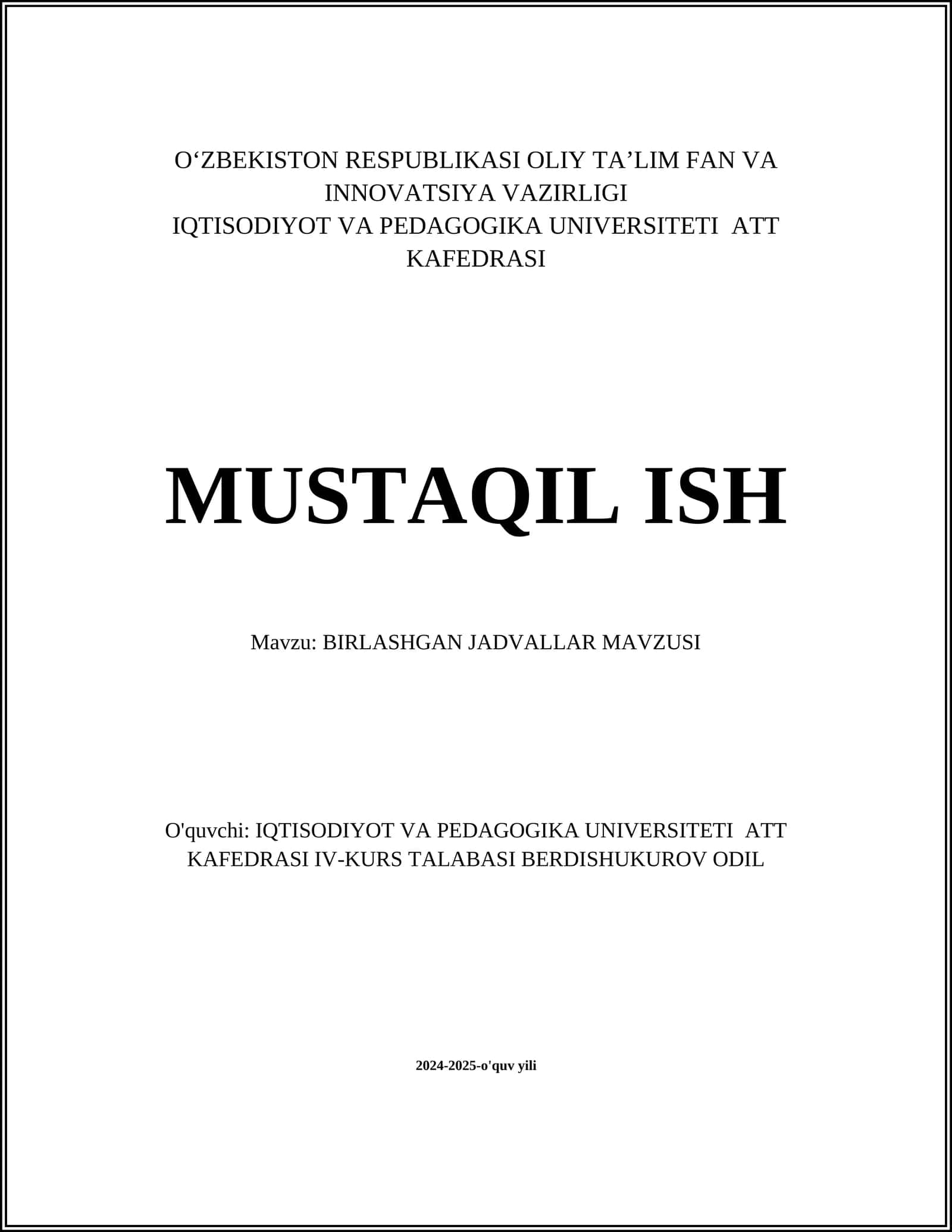 BIRLASHGAN JADVALLAR MAVZUSI 1