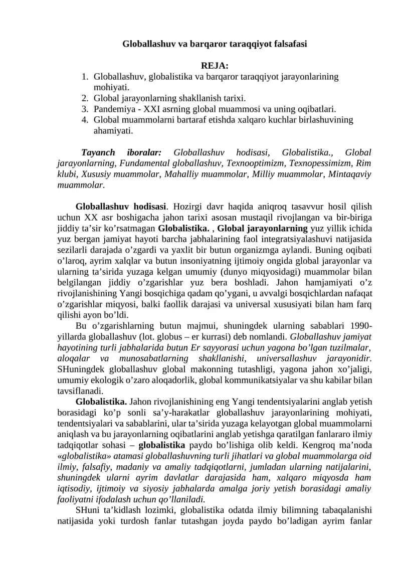 Globallashuv va barqaror taraqqiyot falsafasi 1