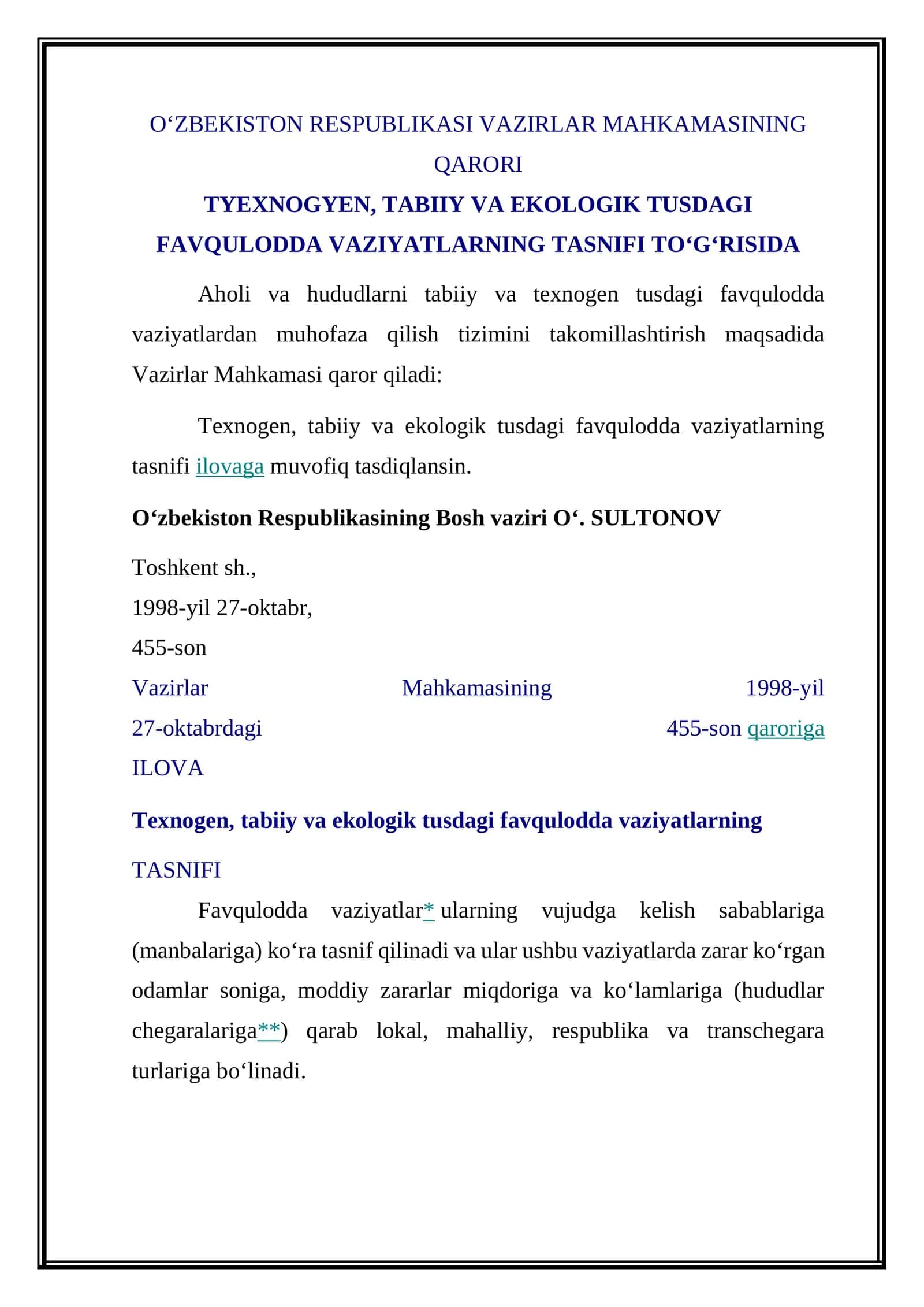 Texnogen, tabiiy va ekologik tusdagi favqulodda vaziyatlarning 1