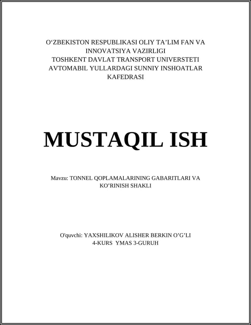 TONNEL QOPLAMALARINING GABARITLARI VA KO’RINISH SHAKLI 1