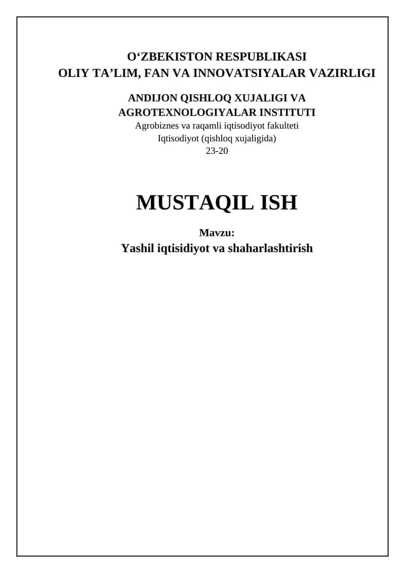 Yashil iqtisodiyot va urbanizatsiya 1